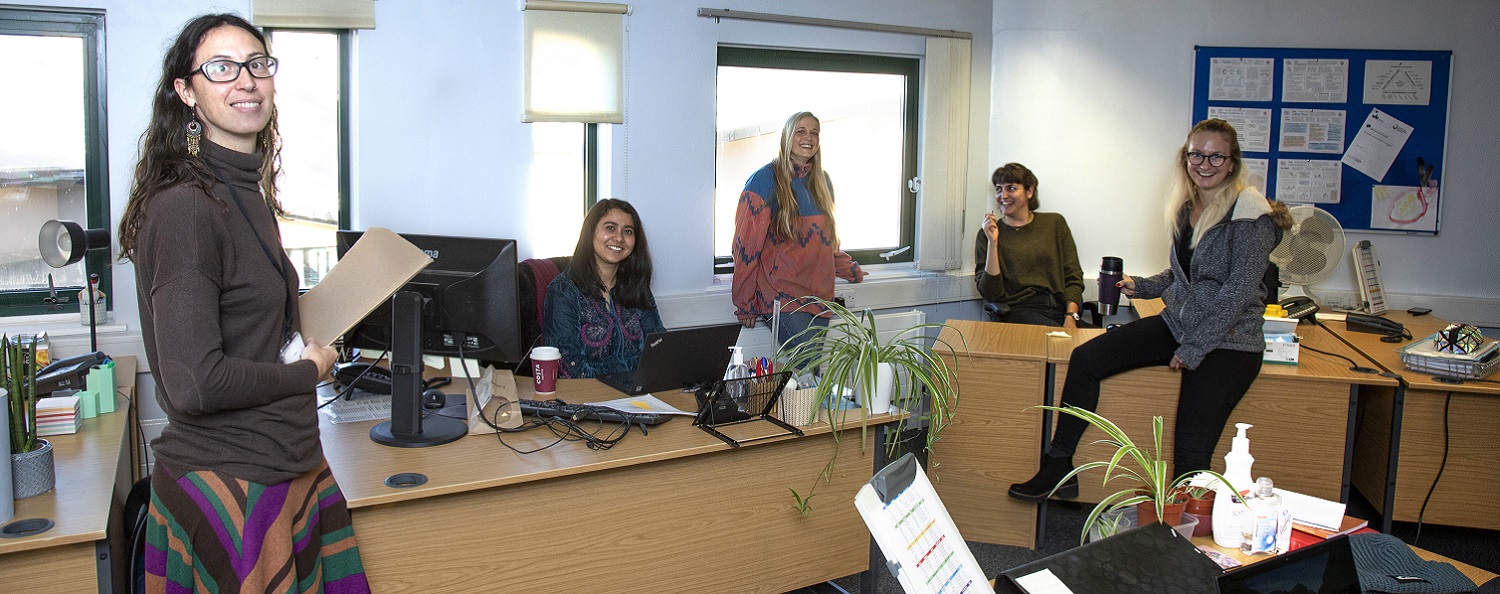 Five smiling women in an office, one standing in front of a desk, two sitting behind a desk, one standing by a window and one sitting on a desk