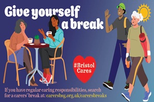 Graphic drawings against a dark blue background showing a number of different people doing different things as a carers' break, e.g. walking in the sunshine, going to yoga, and sitting with a friend and drinking a cup of tea together.