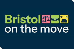 A graphic with a Bristol on the Move logo above three photos, the first is an aerial shot of Temple Way, the second is of a man cycling down Park Street, and the third is of the Portway heading under Clifton Suspension Bridge.
