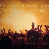 A image of a music concert showing a stage in the distance lit up with orange light and people in the audience in facing the stage have their hands in the air