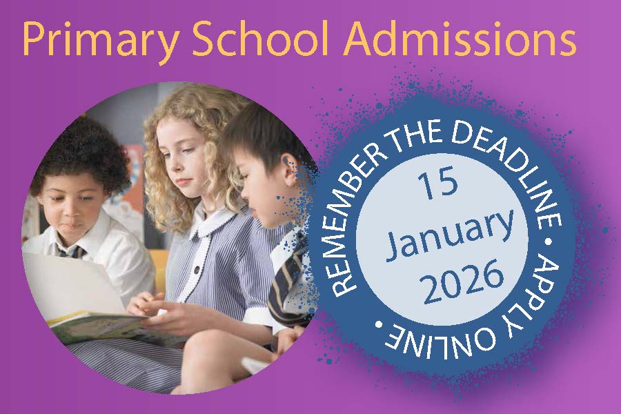Three primary school pupils look at some work together. Text next to them reads 'Apply online by 15 January 2026'