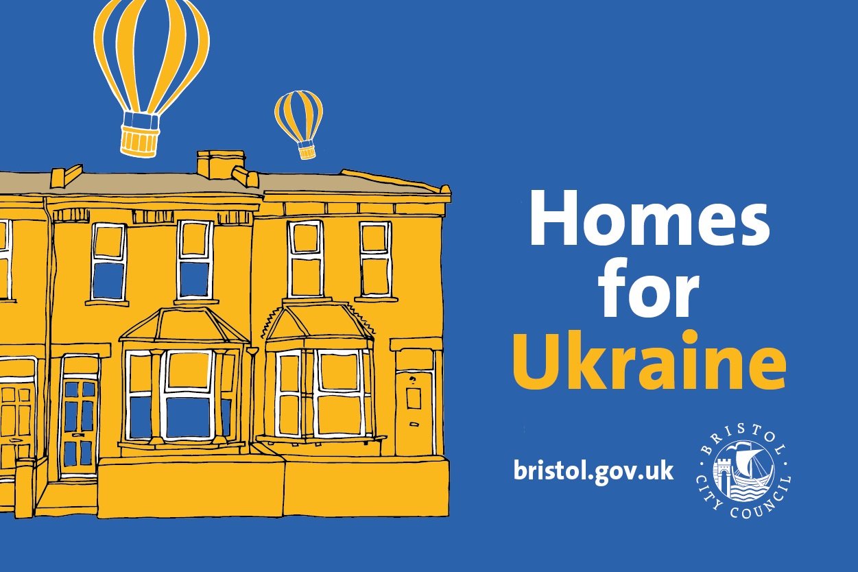 Illustration of houses with hot air balloons in the background, next to text that says 'Homes for Ukraine'