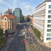 Aerial photo of Temple Way with queing traffic coming towards the foreground of the shot and tall buildings either side of the road.