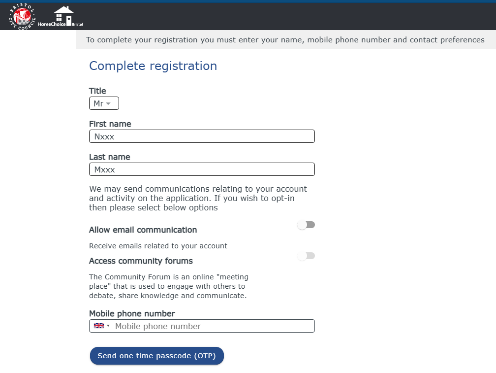 Screenshot of the 'complete registration' which has: a drop-down list with for title, first name, last name, mobile phone number fields and a dark blue button that says 'Send one time password (OTP)'