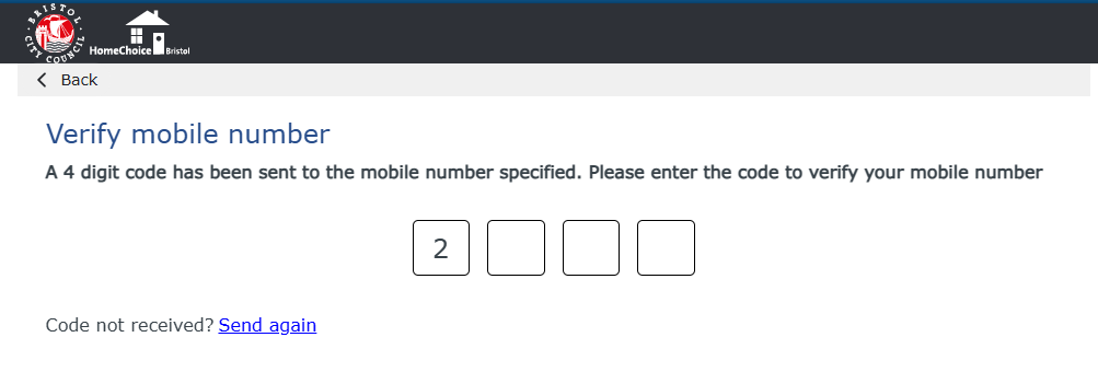 Screenshot of part of an online form prompting the user to enter a 4-digit code sent to their mobile. It shows 4 input boxes and a link that reads ‘Code not received? Send again'.