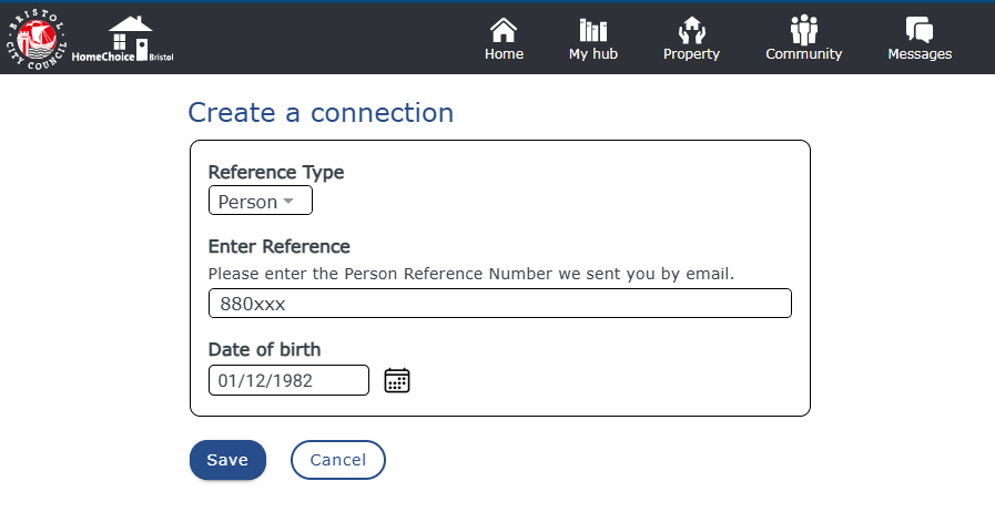 Screenshot of an online form titled ‘Complete registration’ input fields asking about connections with Bristol City Council, such as an application, tenancy, payment reference and person reference. 2 radio button options: ‘Yes’ and ‘No’.