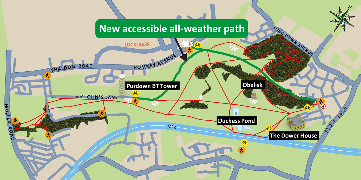 Map of Stoke Park map showing the with accessible path which connects Lockleaze with Jellicoe Avenue at the eastern edge of the park