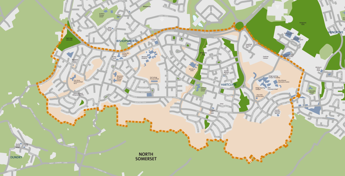 A street map of the Hartcliffe and Withywood area in south Bristol. An orange dashed line marks the boundary of the area, which stretches across Hartcliffe and Withywood. Roads are shown in grey, green areas indicate parks and open spaces, and key landmarks such as schools, community centres, churches and sports facilities are labelled. Neighbouring areas including Hengrove to the east, Dundry to the south-west and North Somerset to the south are also shown. The map highlights the extent of the Hartcliffe and Withywood area within the wider local geography.