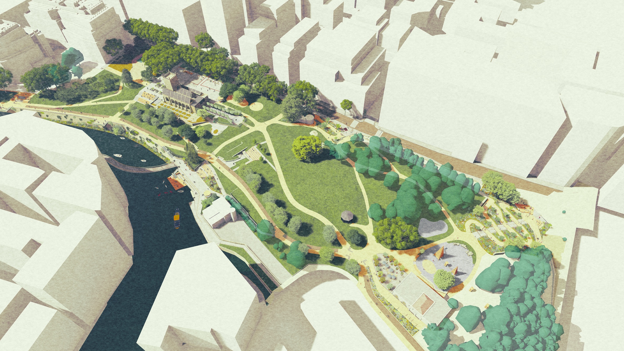 An aerial view of the park modelled in 3D based on the updated Stage 2 Concept Plan. The view shows proposals for the park including spaces for play, sports, events areas, new facilities and improvements to the path network and existing spaces..