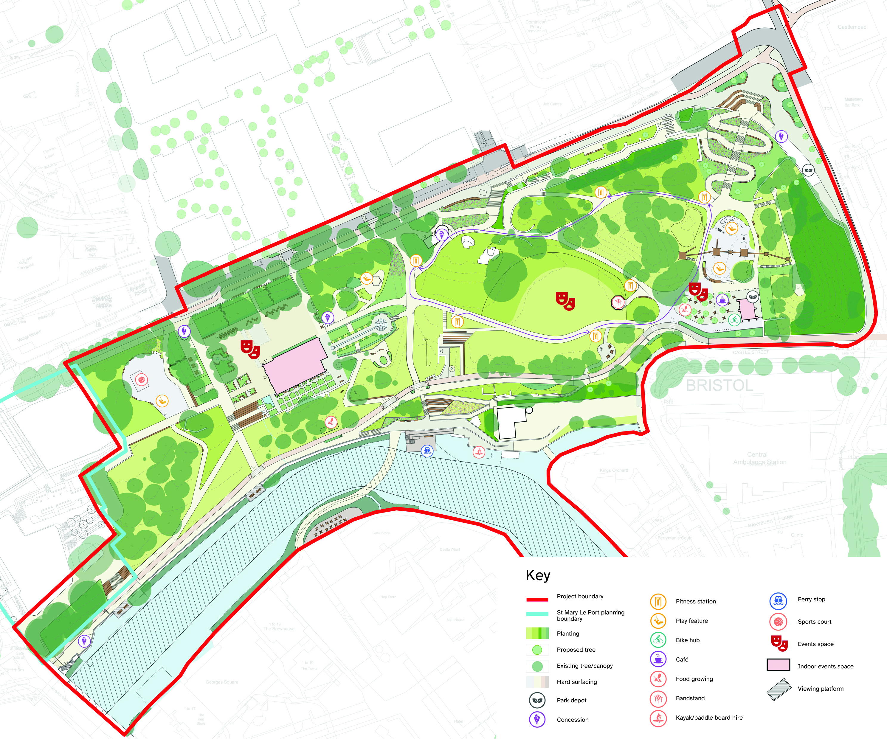 plan of the park that has been tested and developed from the City Centre Development and Delivery Plan Castle Park Masterplan and with feedback from the Stage 1 Castle Park Conversations. The plan shows proposals for the park including spaces for play, sports, events areas, new facilities and improvements to the path network and existing spaces.