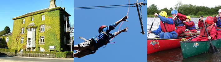 A house, a person on a zipwire, people paddling kayaks