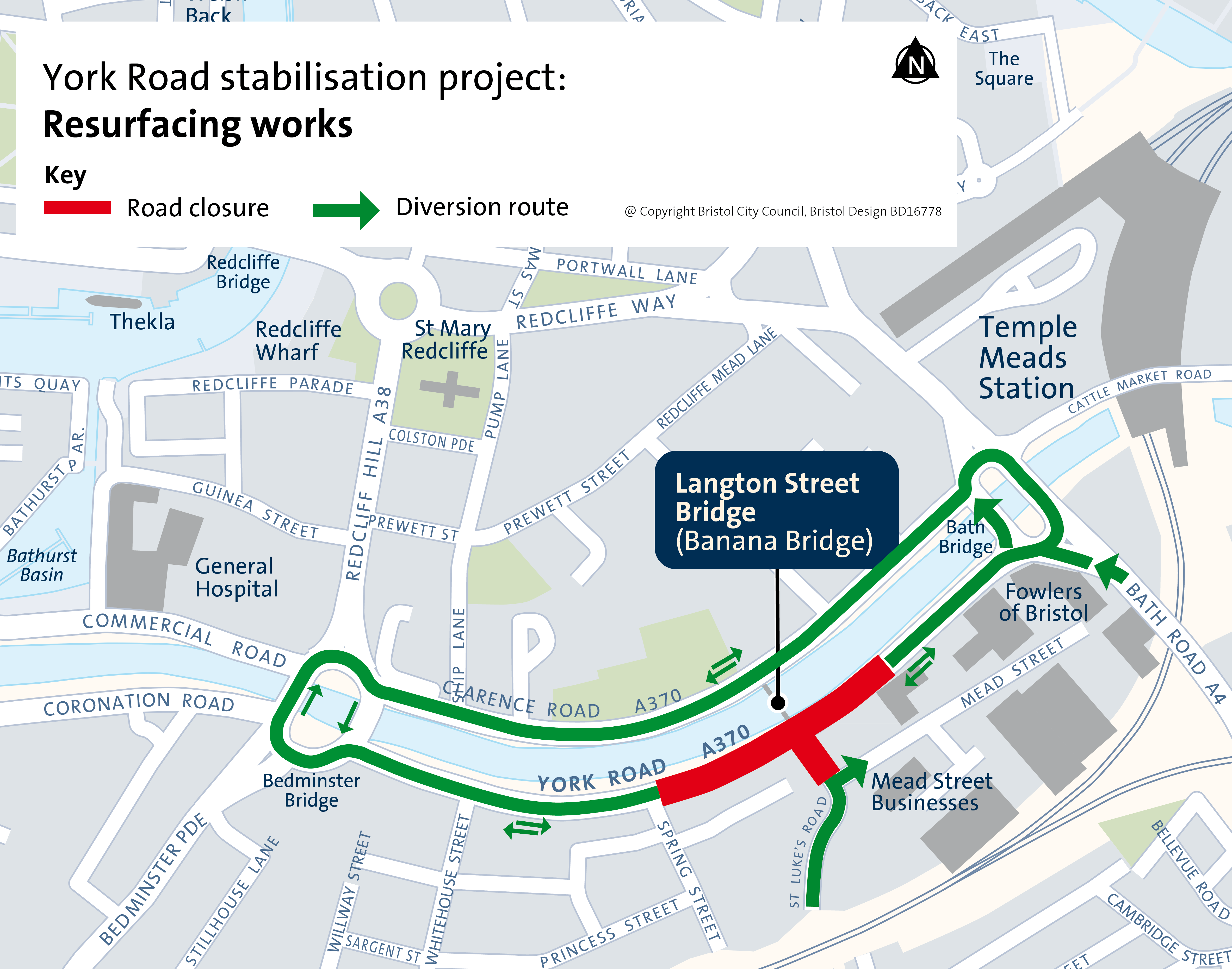 Map showing part of York Road and St Luke’s Road closed and the diversion via York Road, Bedminster Bridges Roundabout, Clarence Road, Bath Bridges Roundabout and back onto York Road and in reverse