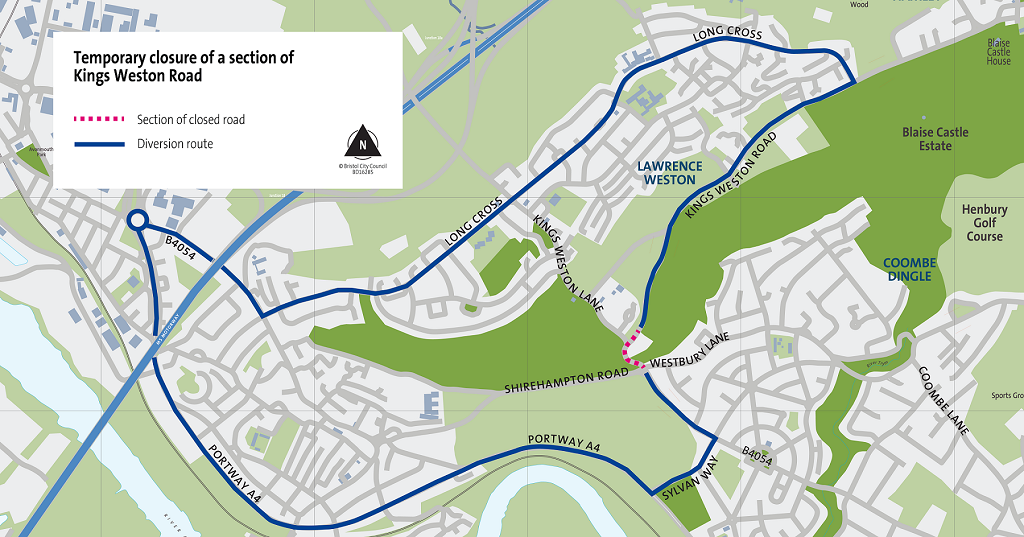 Diversion routes to follow while a section of Kings Weston Road is closed. From Kings Weston Road, travel onto Long Cross, Kings Weston Avenue, Lower High Street, Avonmouth Road, Portway Roundabout, Portway, Sylvan Way, Shirehampton Road. Follow in reverse if travelling from the other direction.