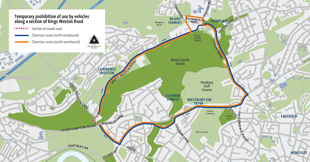 Diversion routes to follow while a section of Kings Weston Road is closed. The north-eastbound route goes along Kings Weston Road, to Henbury Road, to Falcondale Road, along Canford Lane on the A4162 and Dingle Road, to Sylvan Way, along Shirehampton Road, linking back up to Kings Weston Road. The south-westbound route goes down Kings Weston Road, to Sylvan Way, to Shirehampton Road, along Dingle Road to Canford Lane on the A4162, to Falcondale Road, then Henbury Road, along Station Road, to Avonmouth Way, to Hallen Road, linking back up to Kings Weston Road.