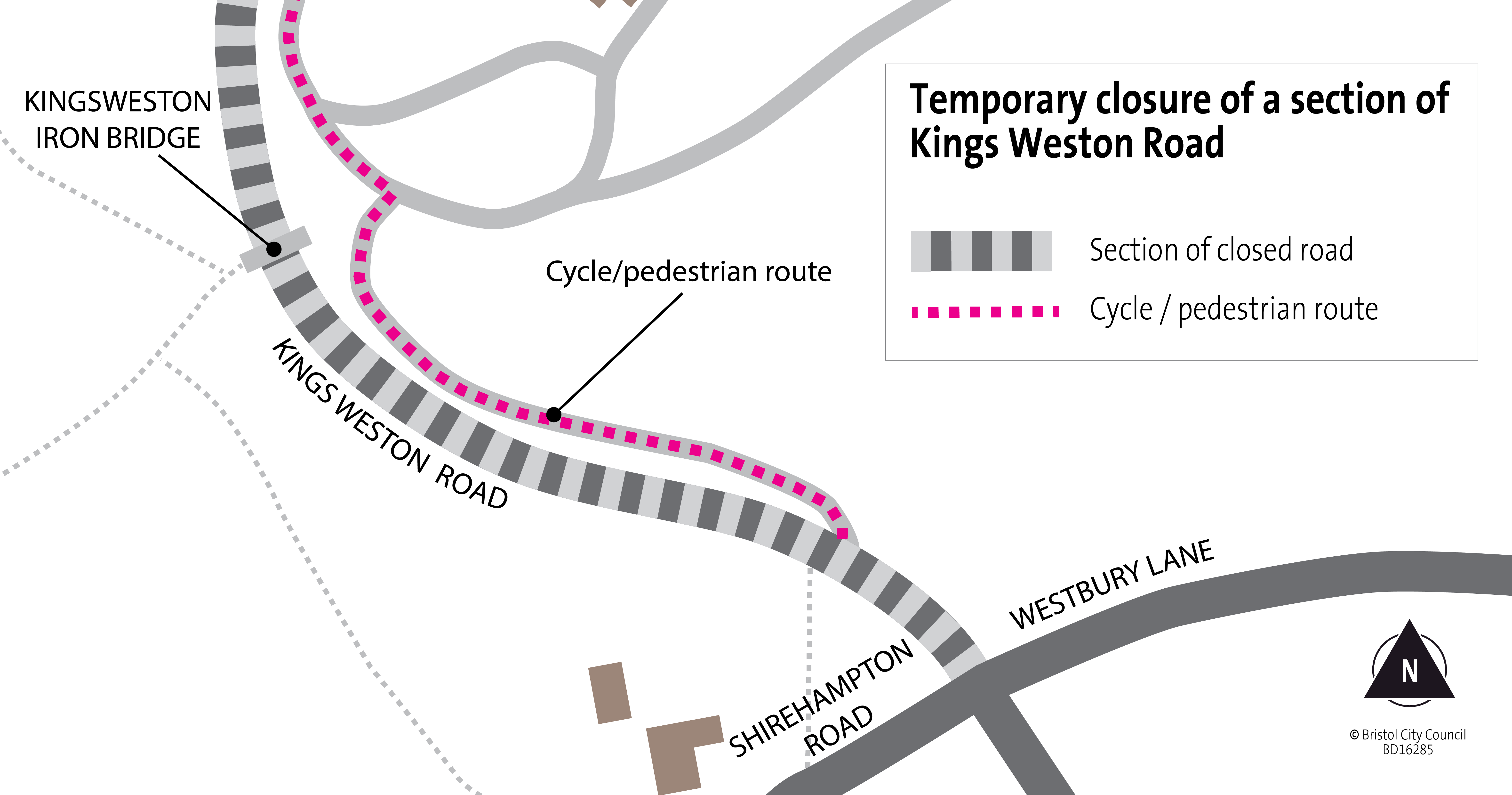 Diversion while Kings Weston Road is closed Pedestrian and cyclist diversion. A cycle and pedestrian route will follow a public footpath alongside the closure.