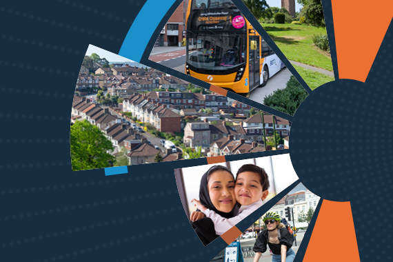 Composite image with several photographs in wedge shapes arranged to look like the letter C. Photographs include a woman riding a bike, a child hugging a woman, an aerial view of houses, a bus, and a park.