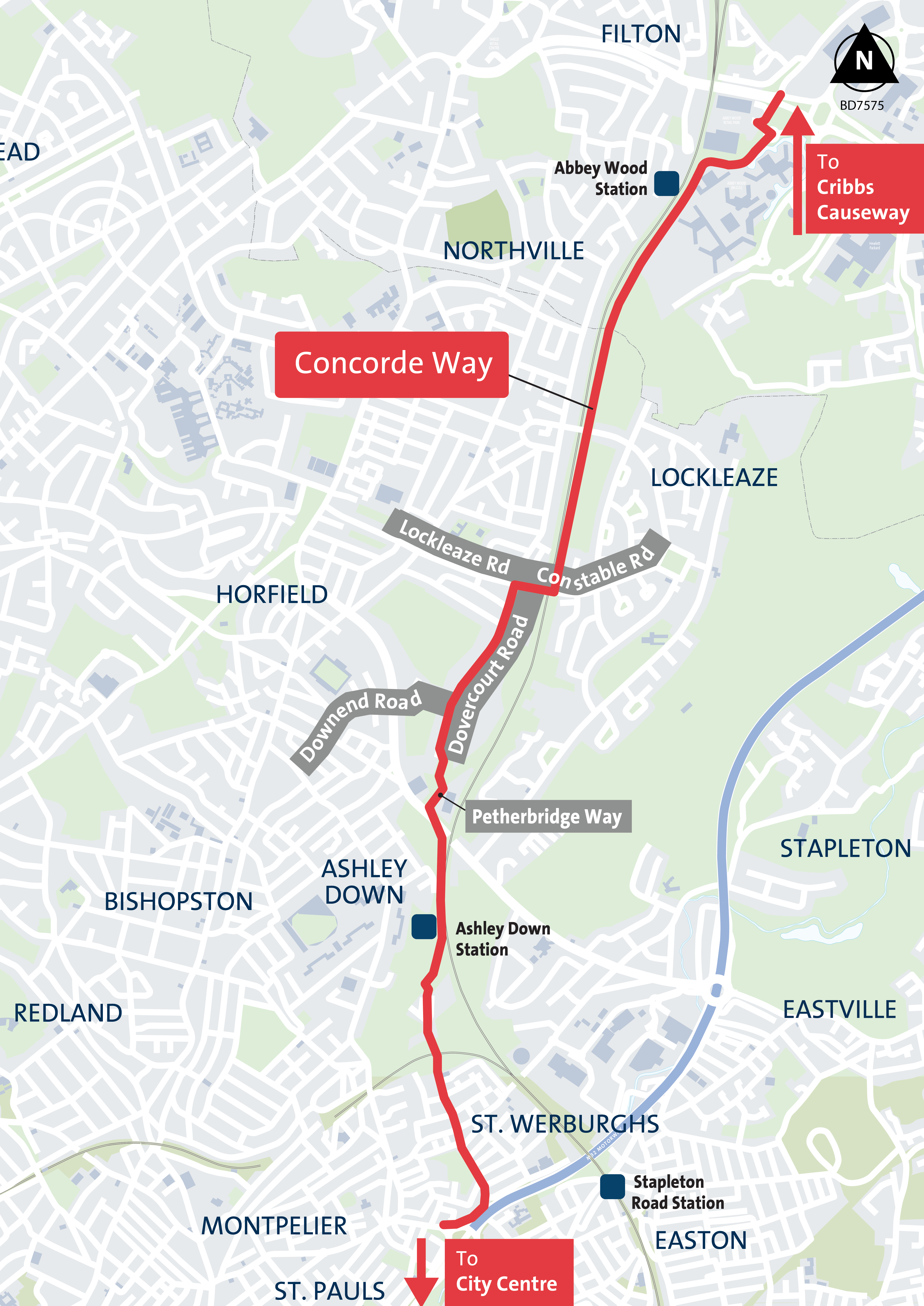 A map that shows the route Concorde Way takes from the city centre to Cribbs Causeway. The route is mostly off-road alongside the railway through Lockleaze, but is on-road along Petherbridge Way, Dovercourt Road and Constable Road.