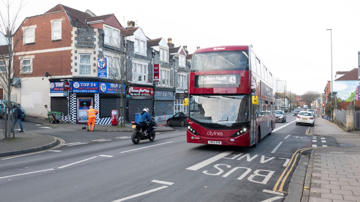 Bus travelling along road