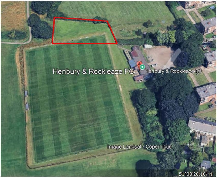 Aerial view of the Henbury & Lockleaze football club grounds and Blaise Primary School field with small package of playing field land marked out.