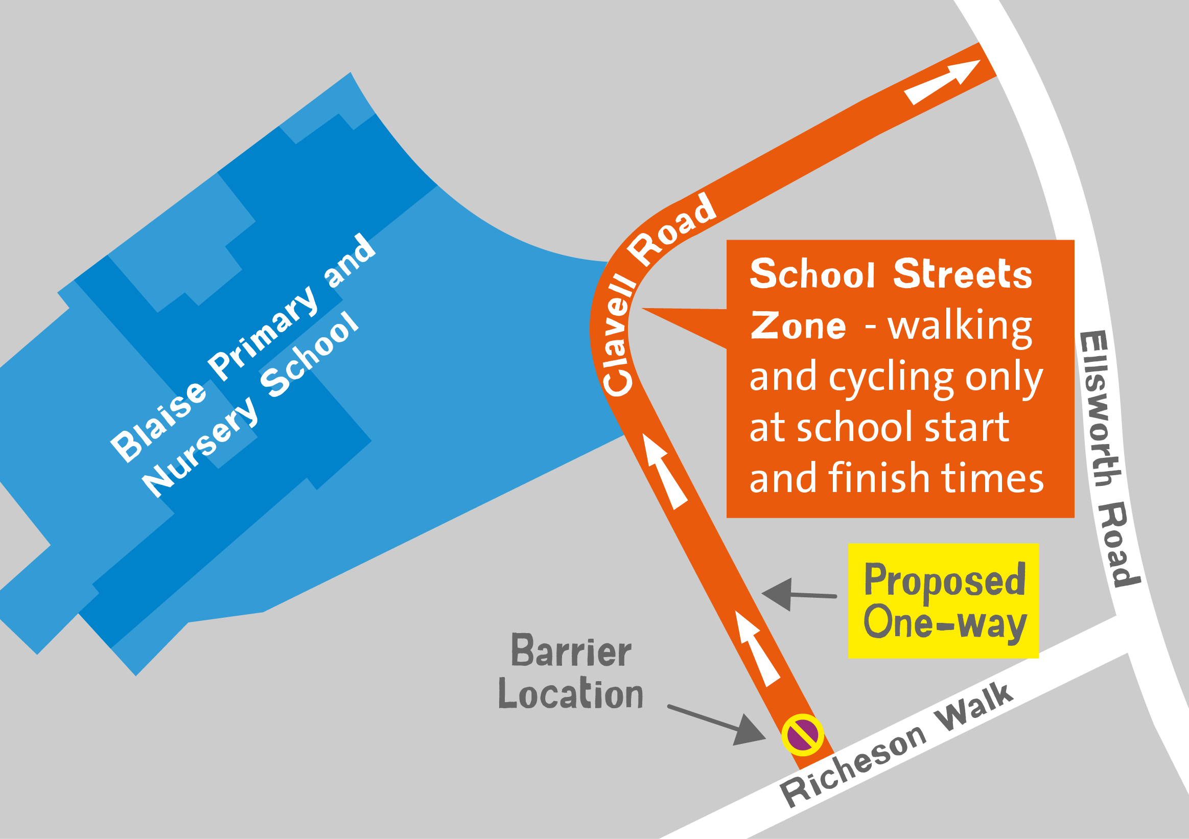 Map of proposed one way on Clavell Road allowing walking and cycling only at school start and finish times at Blaise Primary and Nursery School