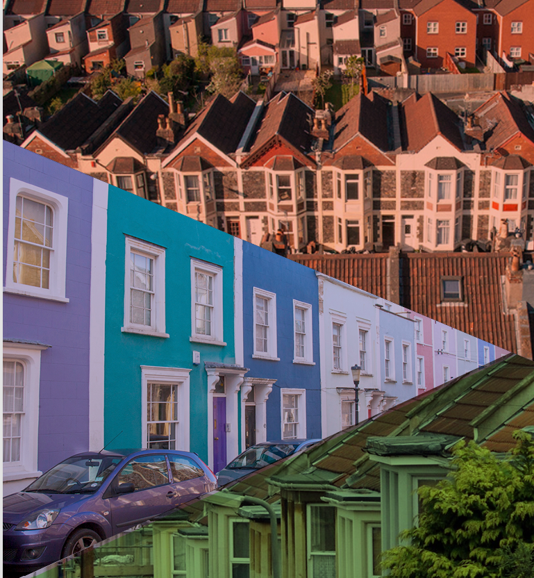 A row of colourful Bristol terraced houses.