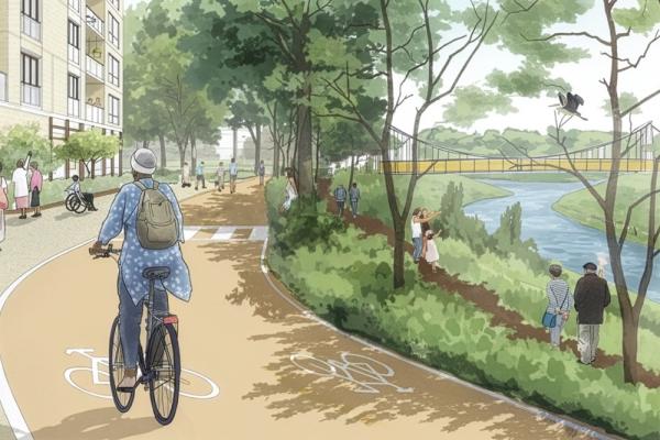 Artist impression of someone cycling by river Avon in St Philip's Marsh