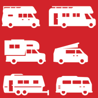 Image depicting various illustrations of white caravans on a red background