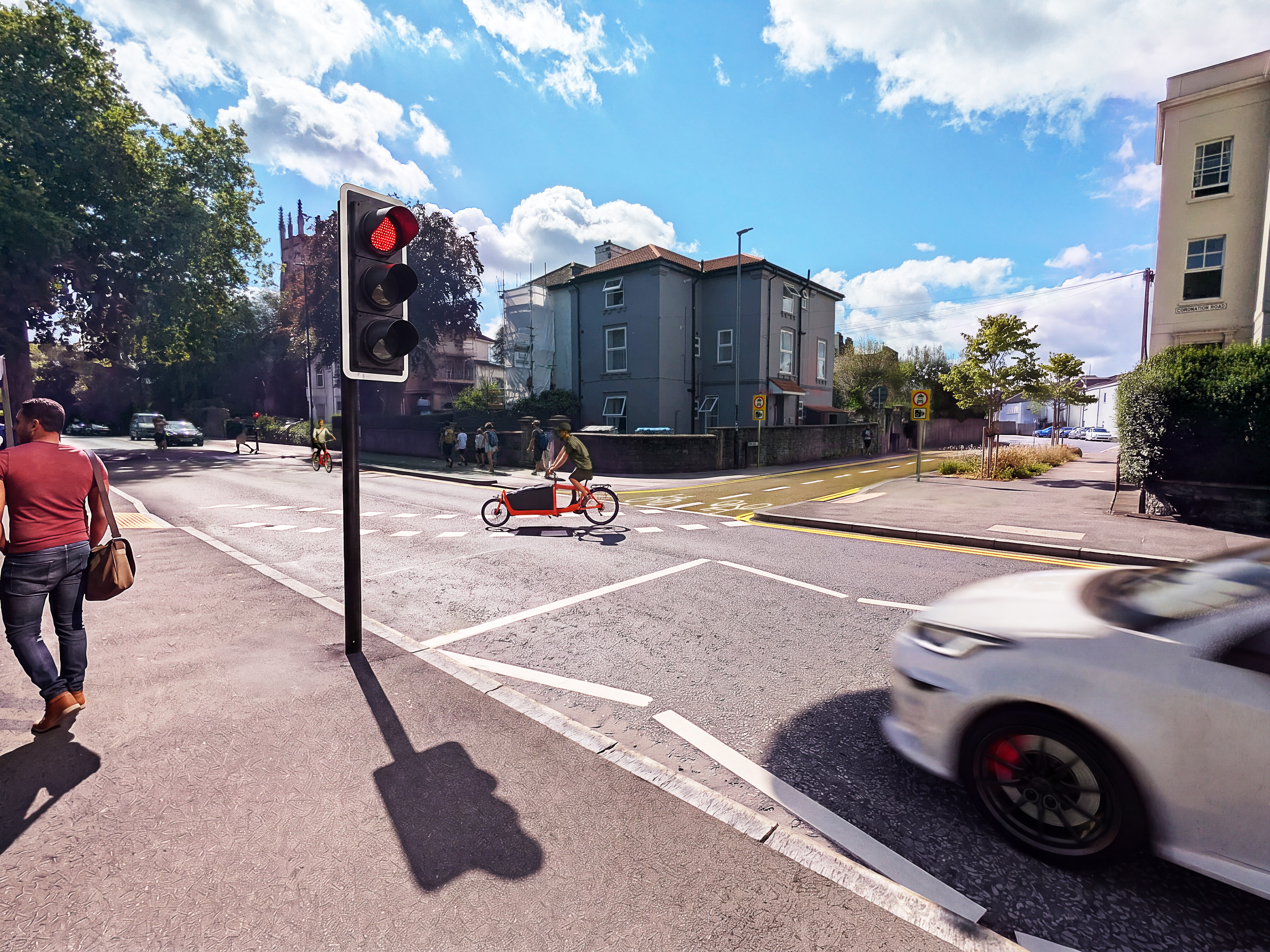 A ground level visualisation of the proposed camera-enforced modal filter and crossing improvements at Dean Lane, at the junction with Coronation Road.