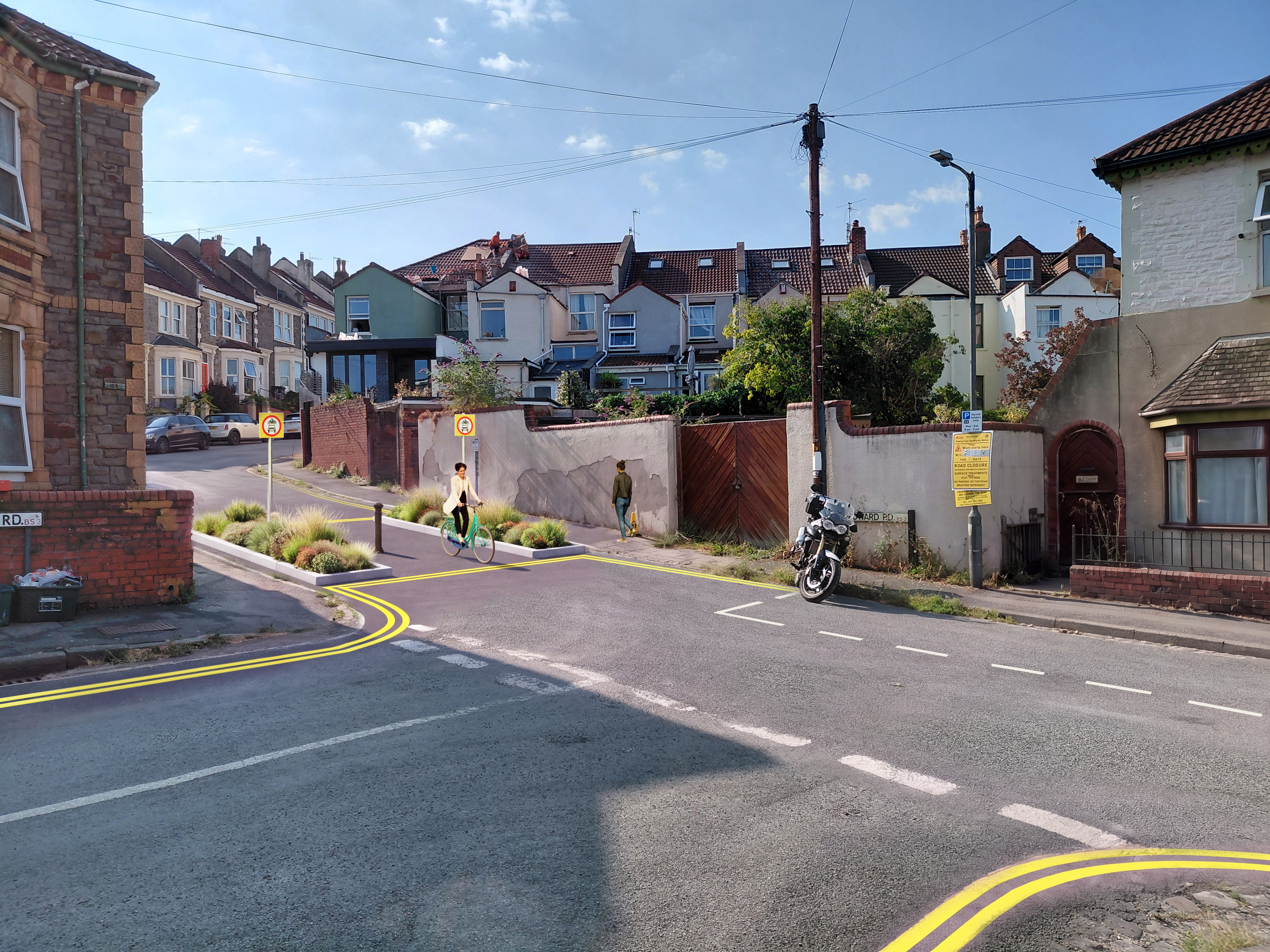 A ground level visualisation of the proposed modal filter using bollards on Howard Road.