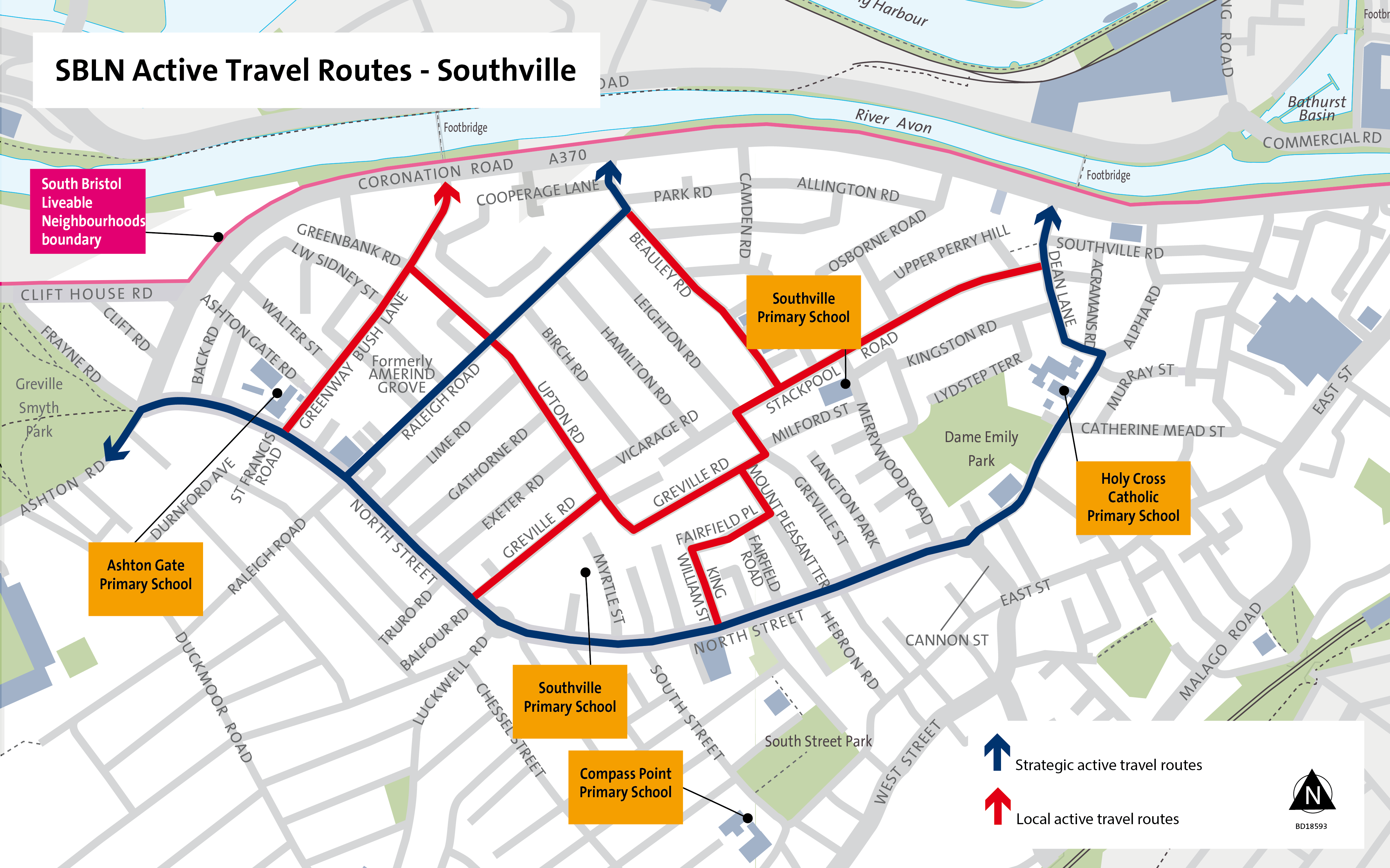 A map showing strategic and local cycle routes through Southville, using quiet streets.