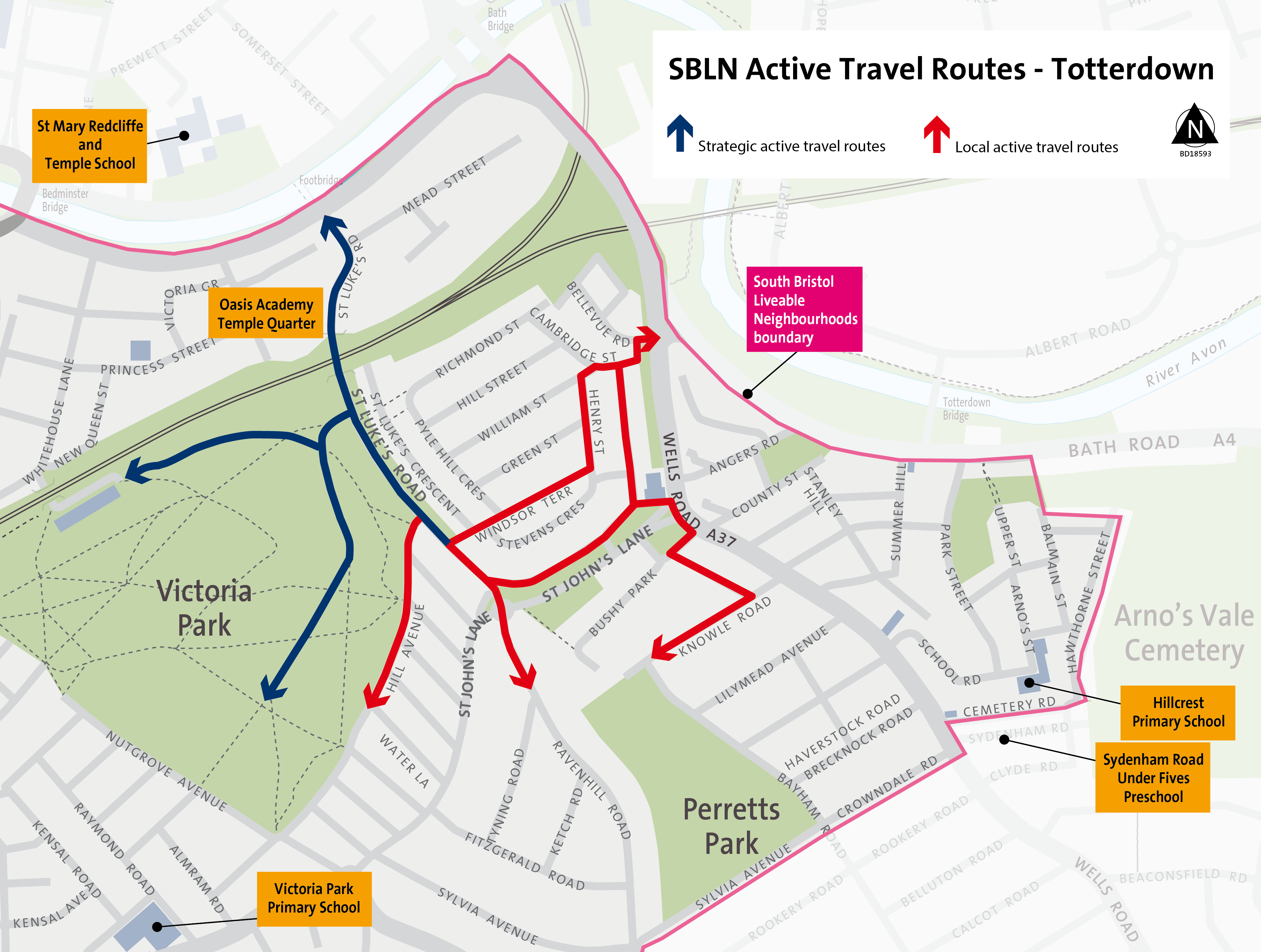 A map showing strategic and local cycle routes through Totterdown, using quiet streets.