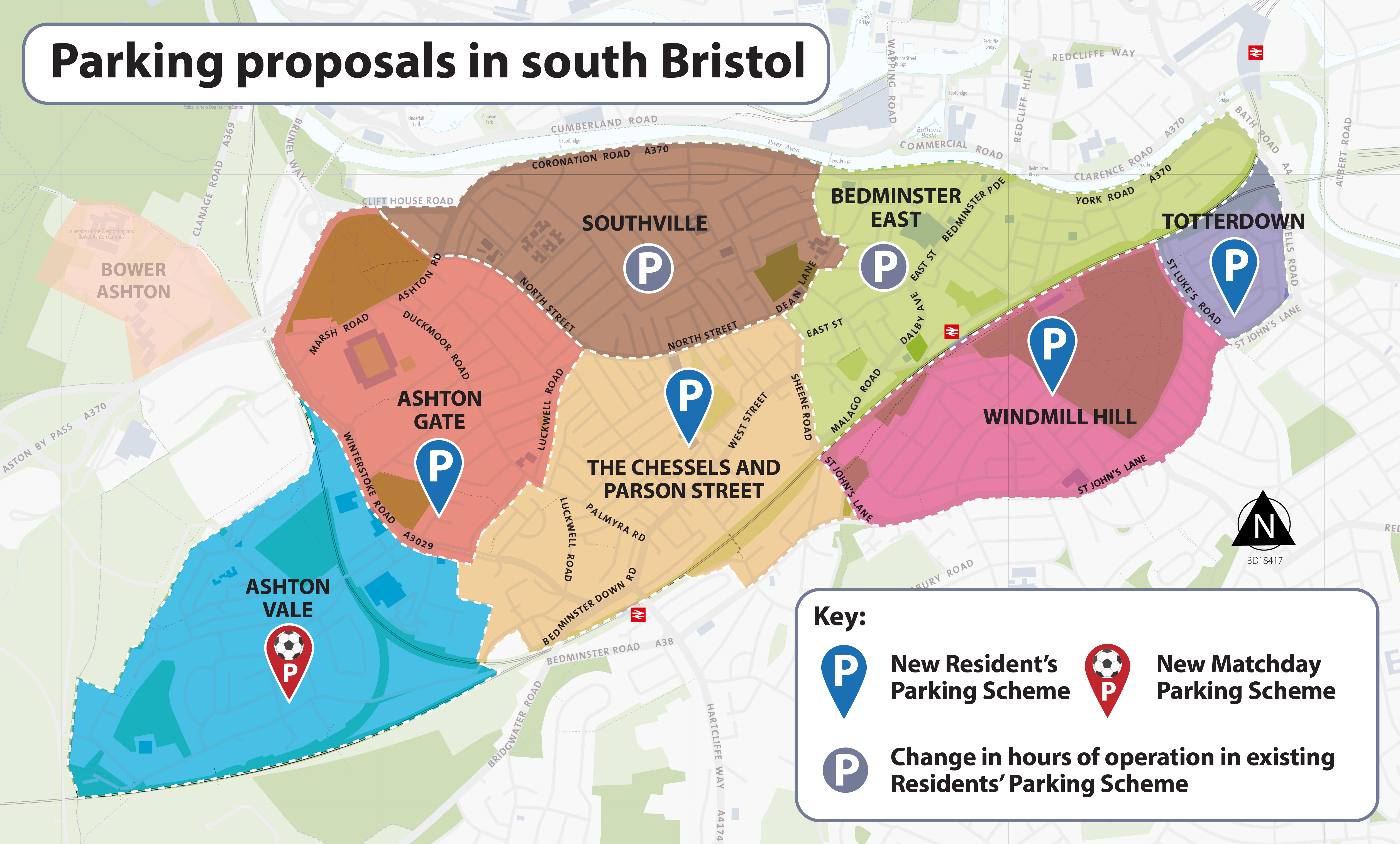Map titled “Parking proposals in south Bristol” showing parking scheme changes across seven neighbourhoods. Colour-coded areas identify Ashton Vale (blue), Ashton Gate (salmon), Southville (brown), Bedminster East (light green), The Chessels and Parson Street (beige), Windmill Hill (pink), and Totterdown (purple). Blue parking symbols mark proposed new Residents' Parking Schemes in Ashton Gate, The Chessels and Parson Street, Bedminster East, Windmill Hill and Totterdown. A red football parking symbol in Ashton Vale indicates a proposed new Matchday Parking Scheme. A grey parking symbol in Southville indicates changes to the operating hours of an existing Residents' Parking Scheme. Major roads and landmarks are labelled, and a north arrow and key are shown in the bottom-right corner.