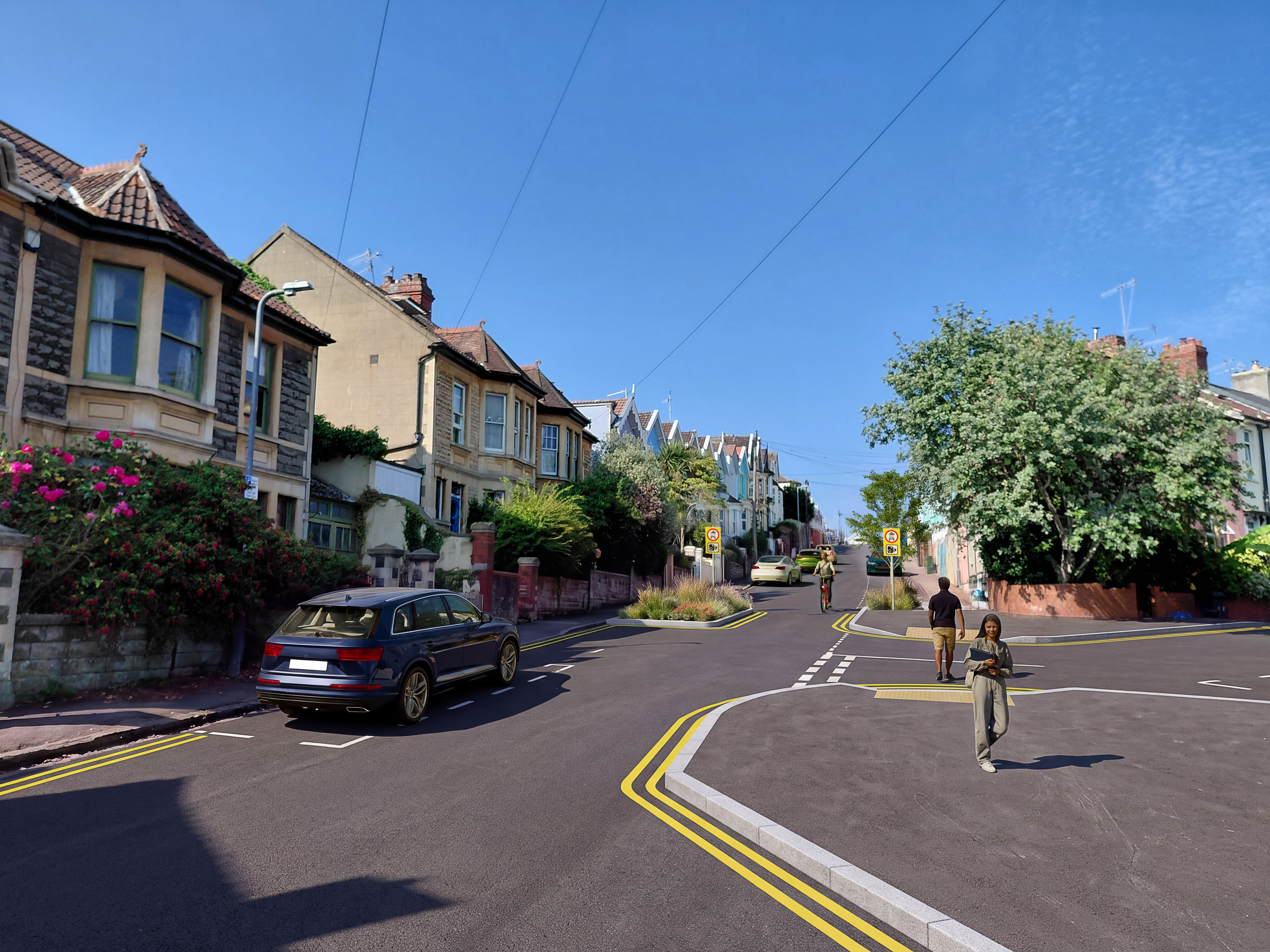 A ground level visualisation of the proposed camera-enforced modal filter and pavement buildout on Osborne Road.