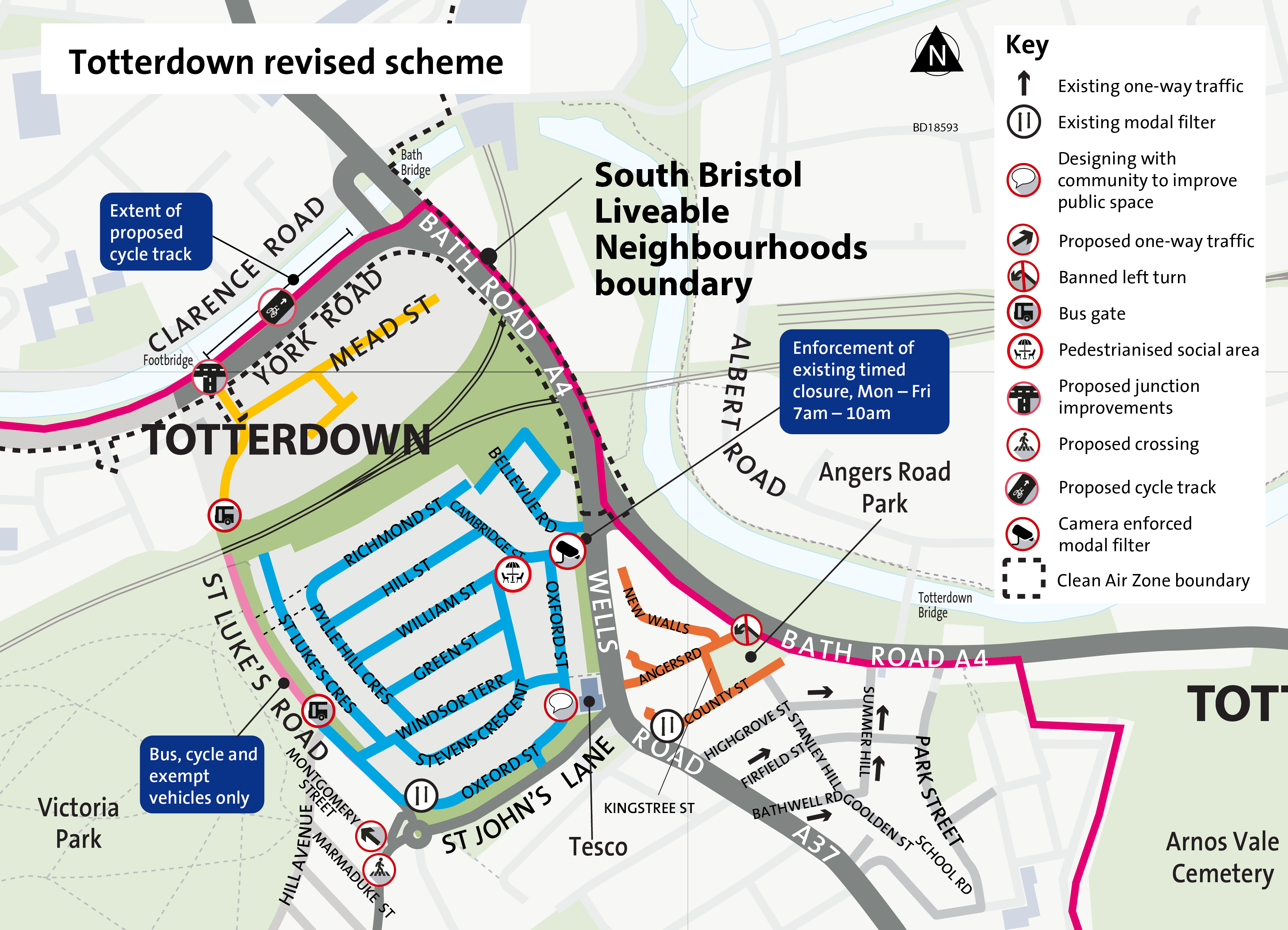 A map showing how traffic would be able to navigate Totterdown. Access is retained to all addresses but vehicles may have to take different routes.   Changes include a new bus gate on St Luke's Road, a pedestrianised social area on William Street, enforcement of the existing timed closure on Cambridge Street. We are still designing Oxford Street with the community to improve it as a public space.   Wider changes include improving the junction of St Luke's Road and York Road, a cycle track on York Road between St Luke's Road and Bath Bridge roundabout, a banned left turn from Bath Road into Angers Road and a new one-way on Montgomery Street to facilitate improving the crossing on St John's Lane.