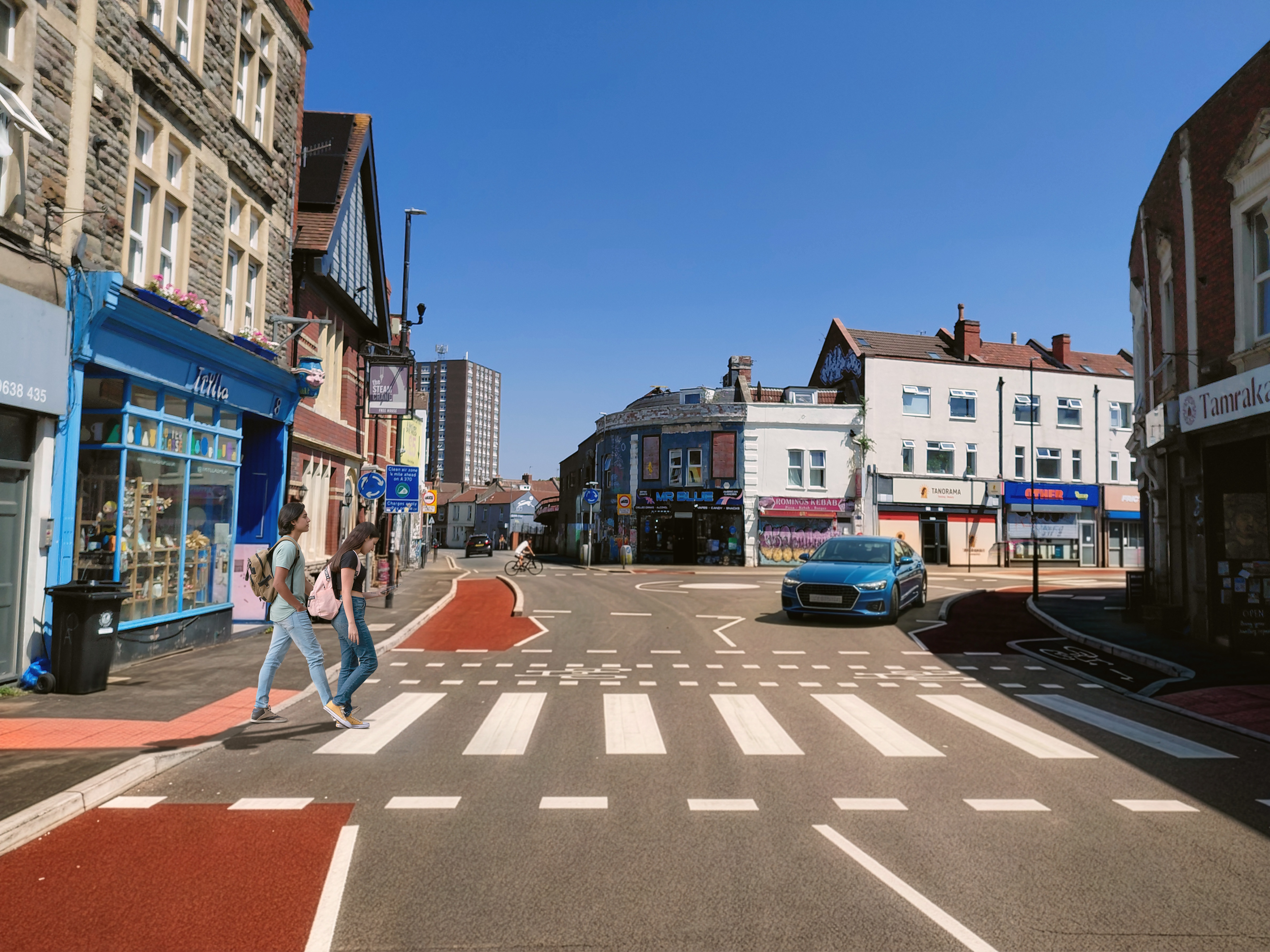 A ground level visualisation of the proposed improvements at the Cannon Street, Dean Lane and North Street junction which includes new parallel crossings on each road and protected cycle tracks on the roundabout.