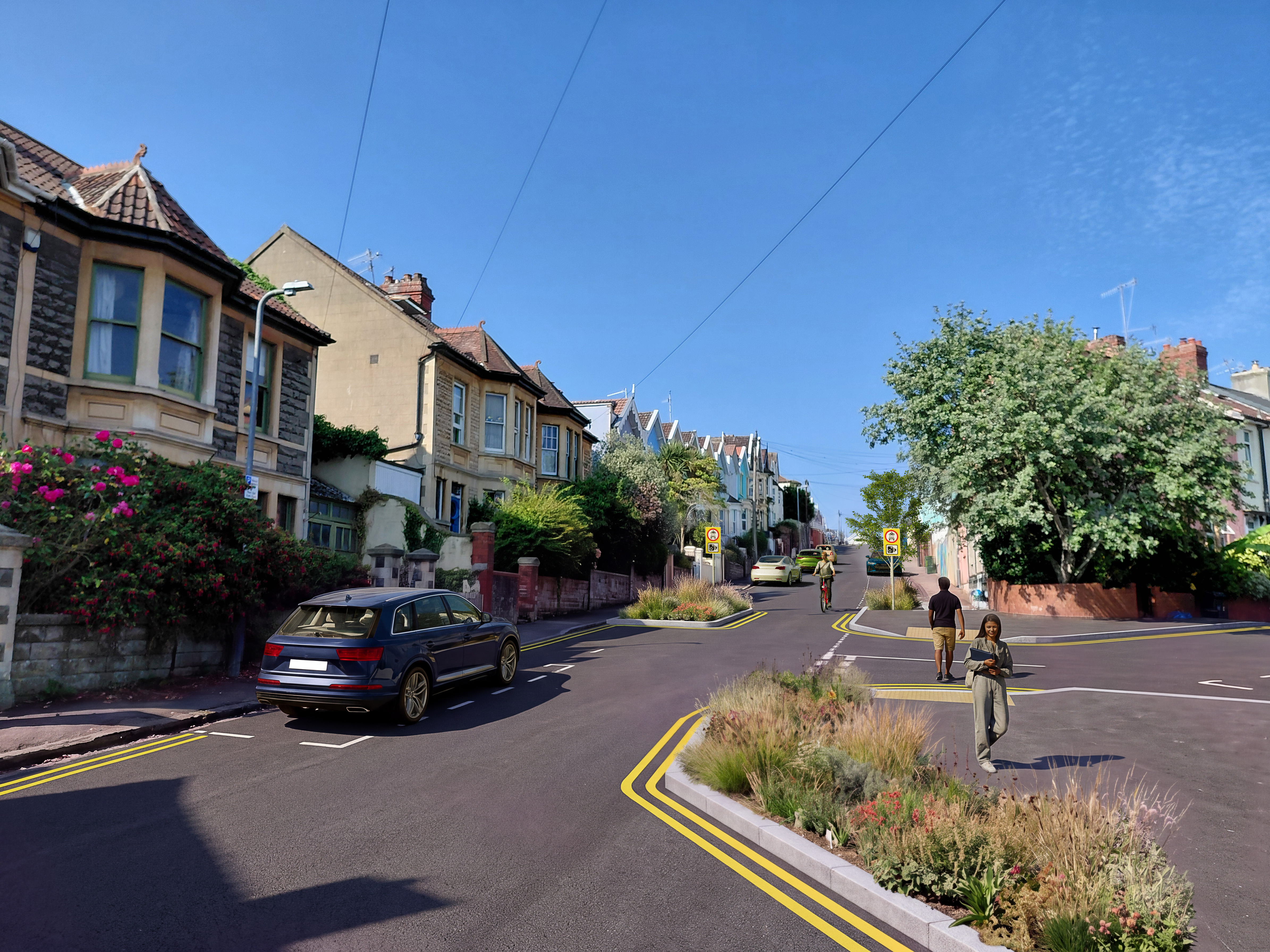 A ground level visualisation of the proposed camera-enforced modal filter and pavement buildout on Osborne Road.