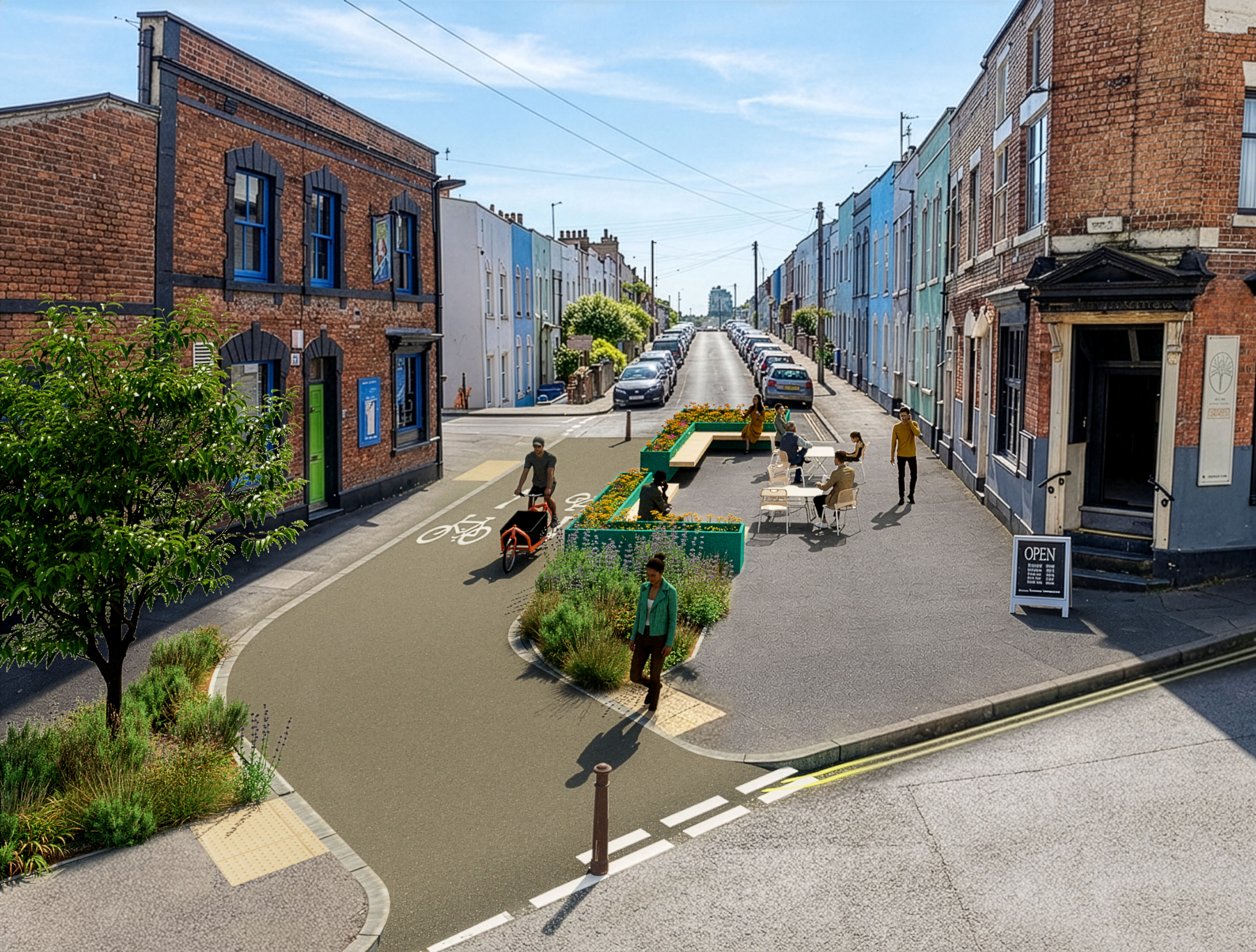 A visualisation of the proposed pedestrianised area between the Shakespeare pub and Sundial Kitchen. The pedestrianised area includes space for hospitality seating, greenery and a cycle route.