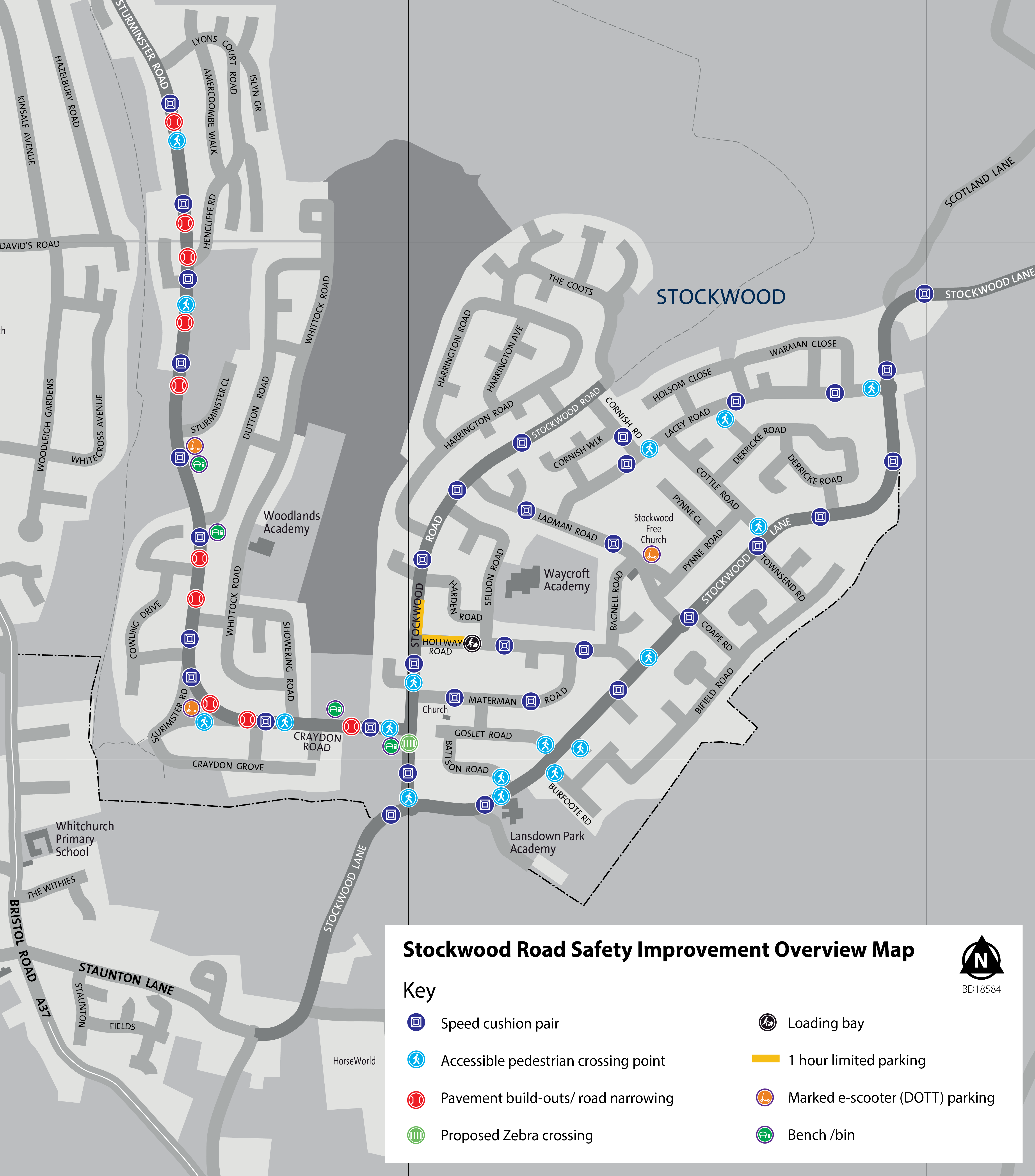 Map displaying range of proposals across Stockwood. All the proposals and their locations are detailed in the survey.