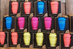 A stack of colourful reusable cups
