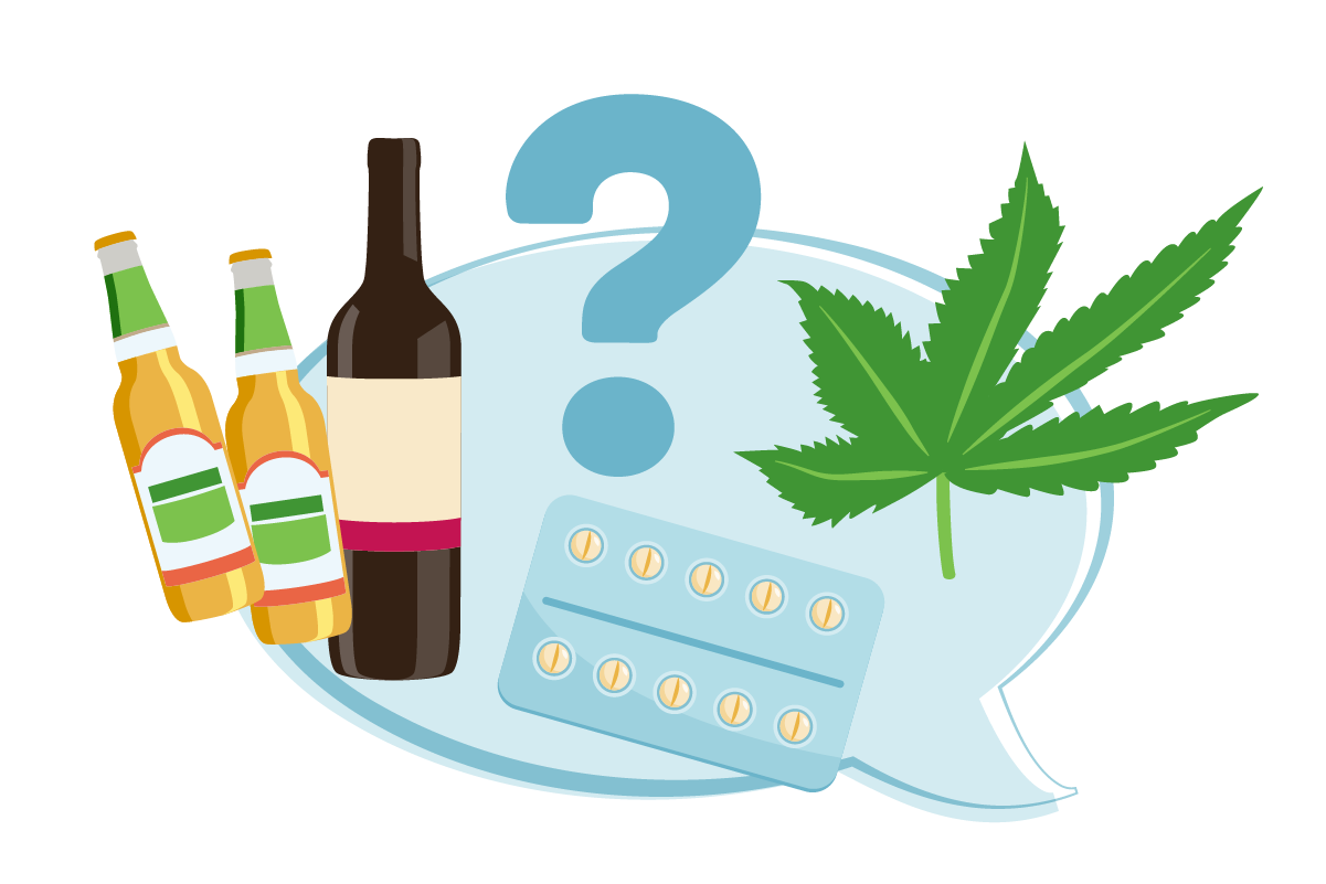 Bottles of alcohol, tablets and cannabis plant