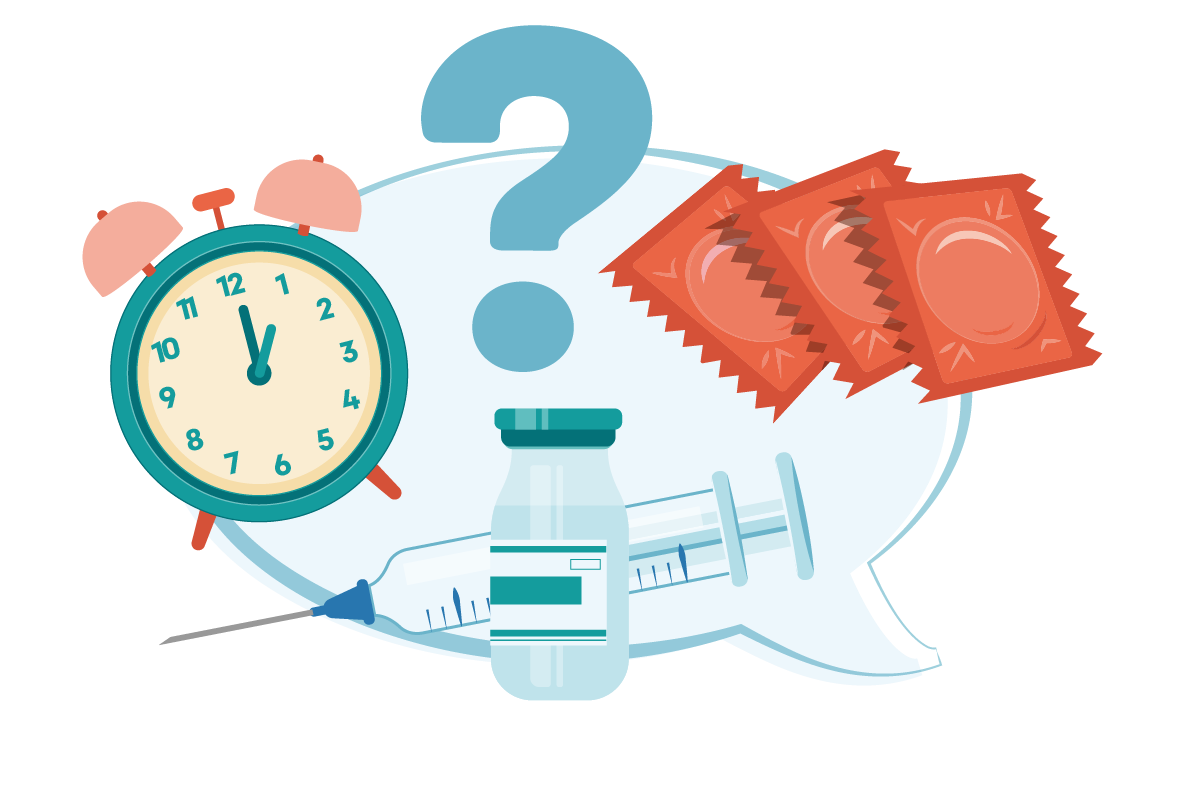 Alarm clock, syringe and bottle and condoms