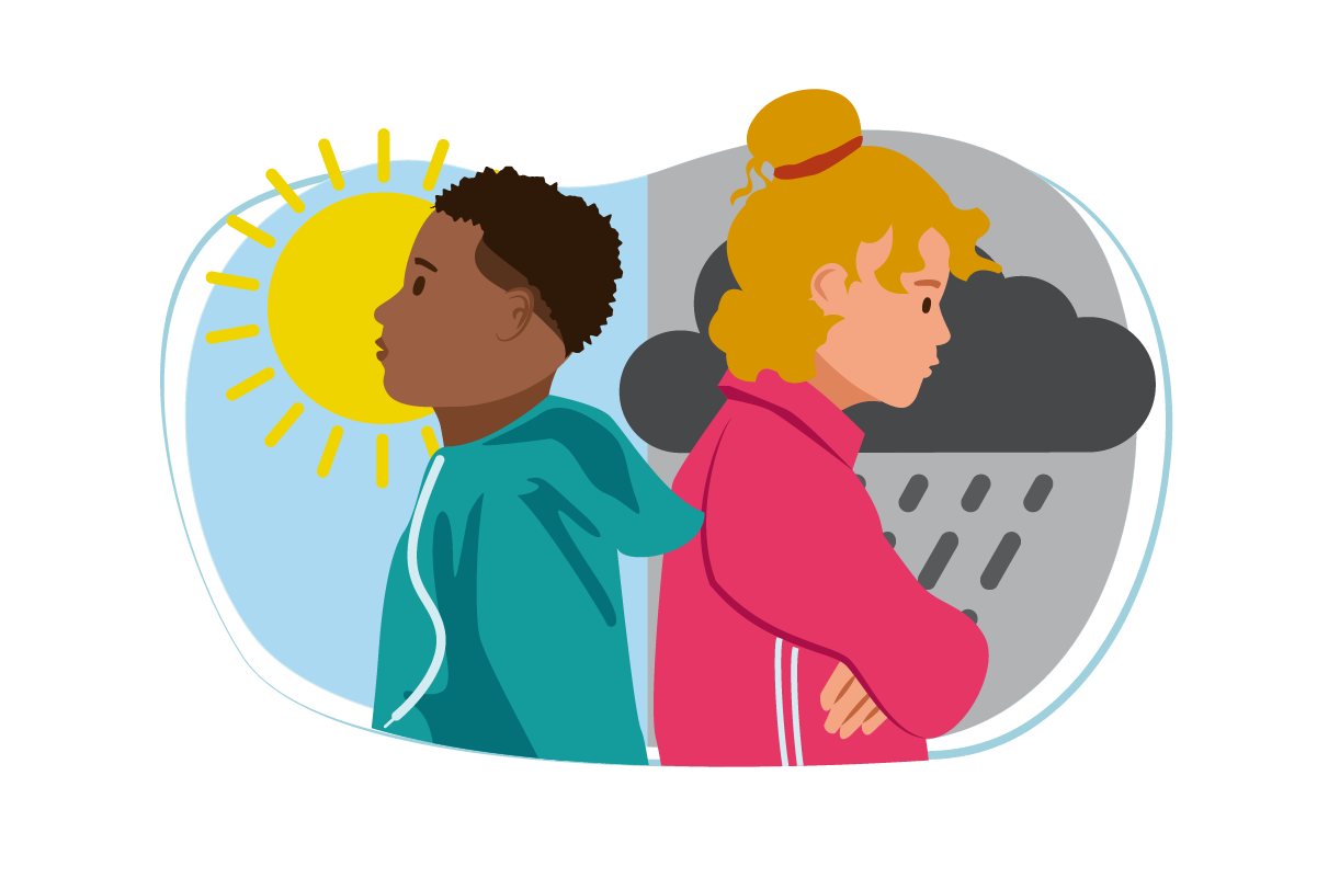 Sun behind picture of boy and cloud with rain behind girl