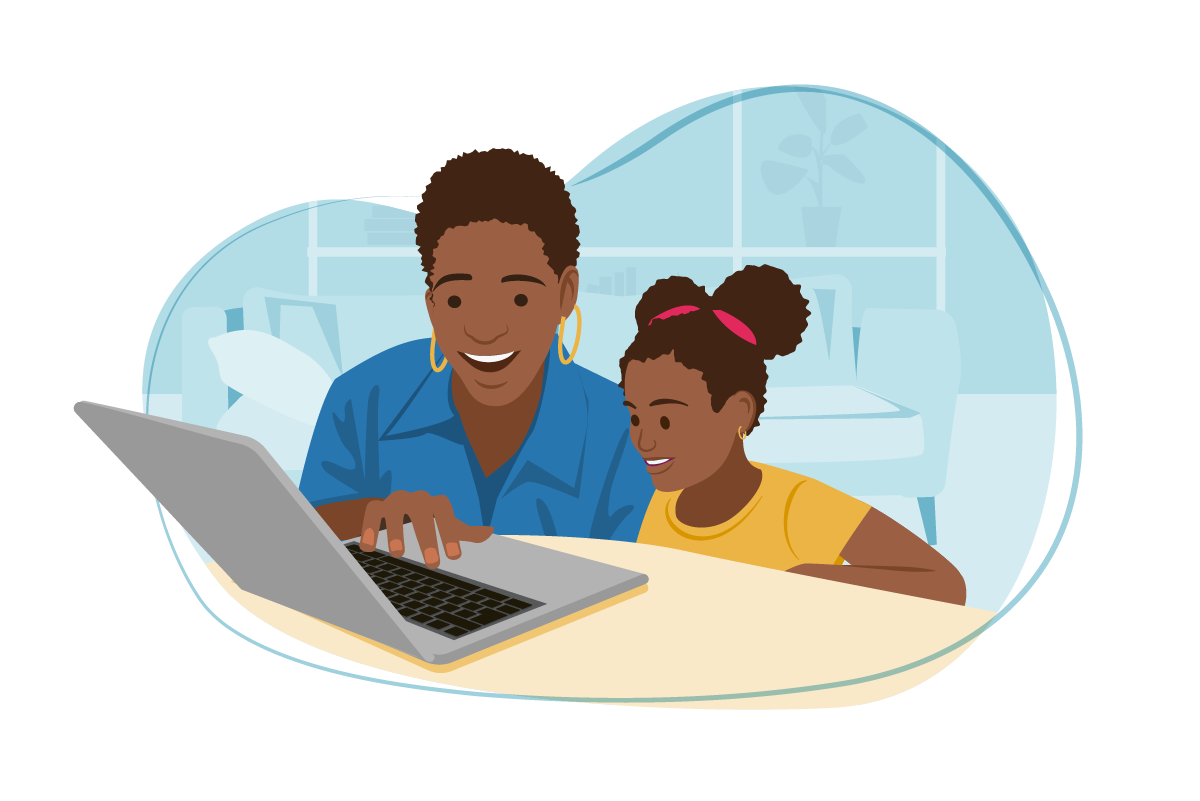 Woman and girl working at laptop
