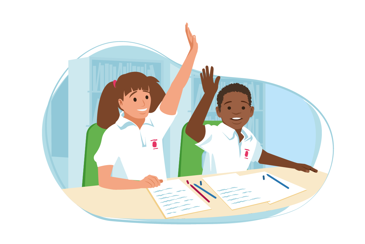 Girl and boy at school sat at desk with hand up