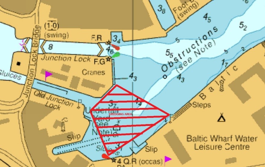 Map showing the dredging area in the harbour which is the western area of Baltic Wharf