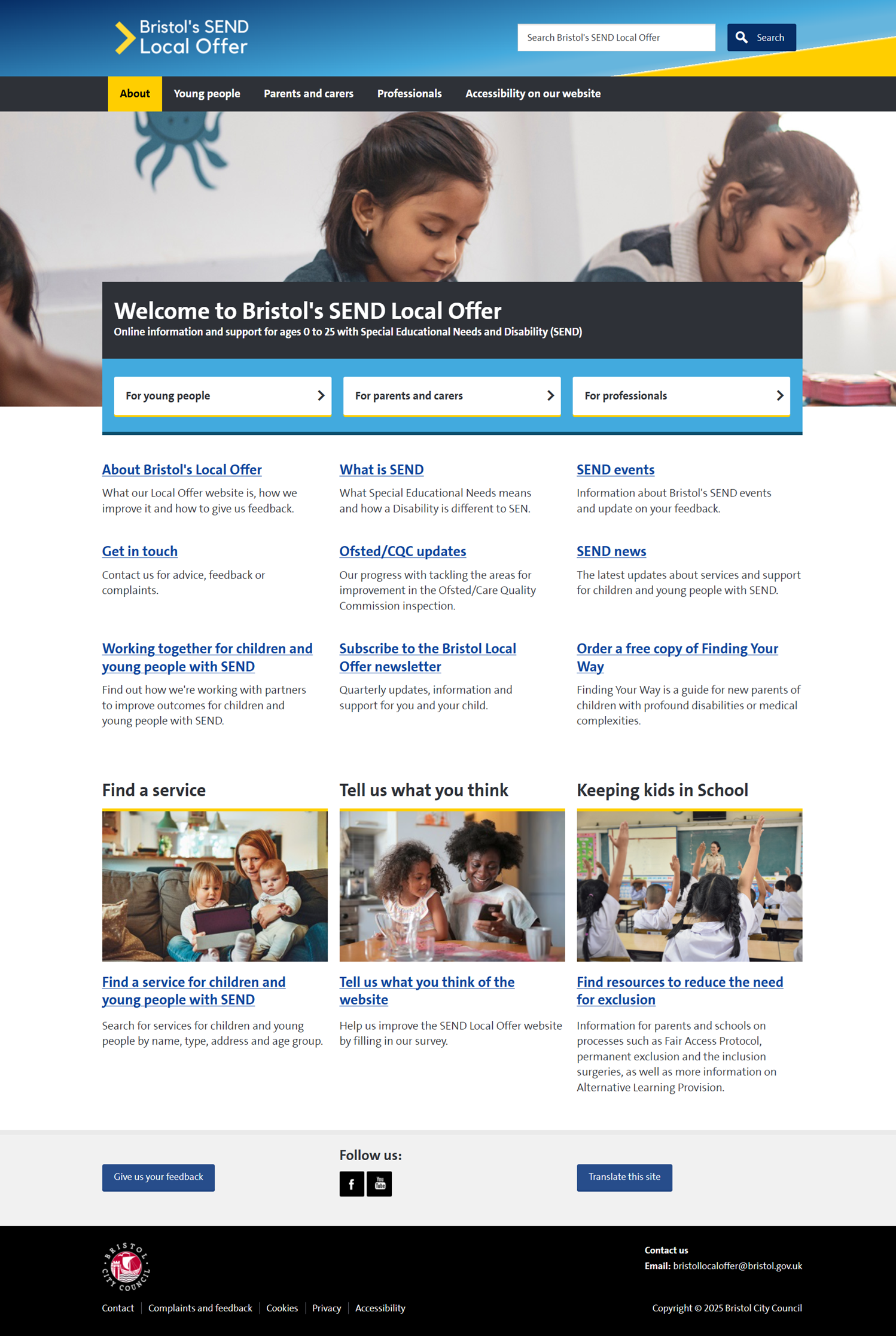 Screenshot of the Bristol Local Offer homepage.