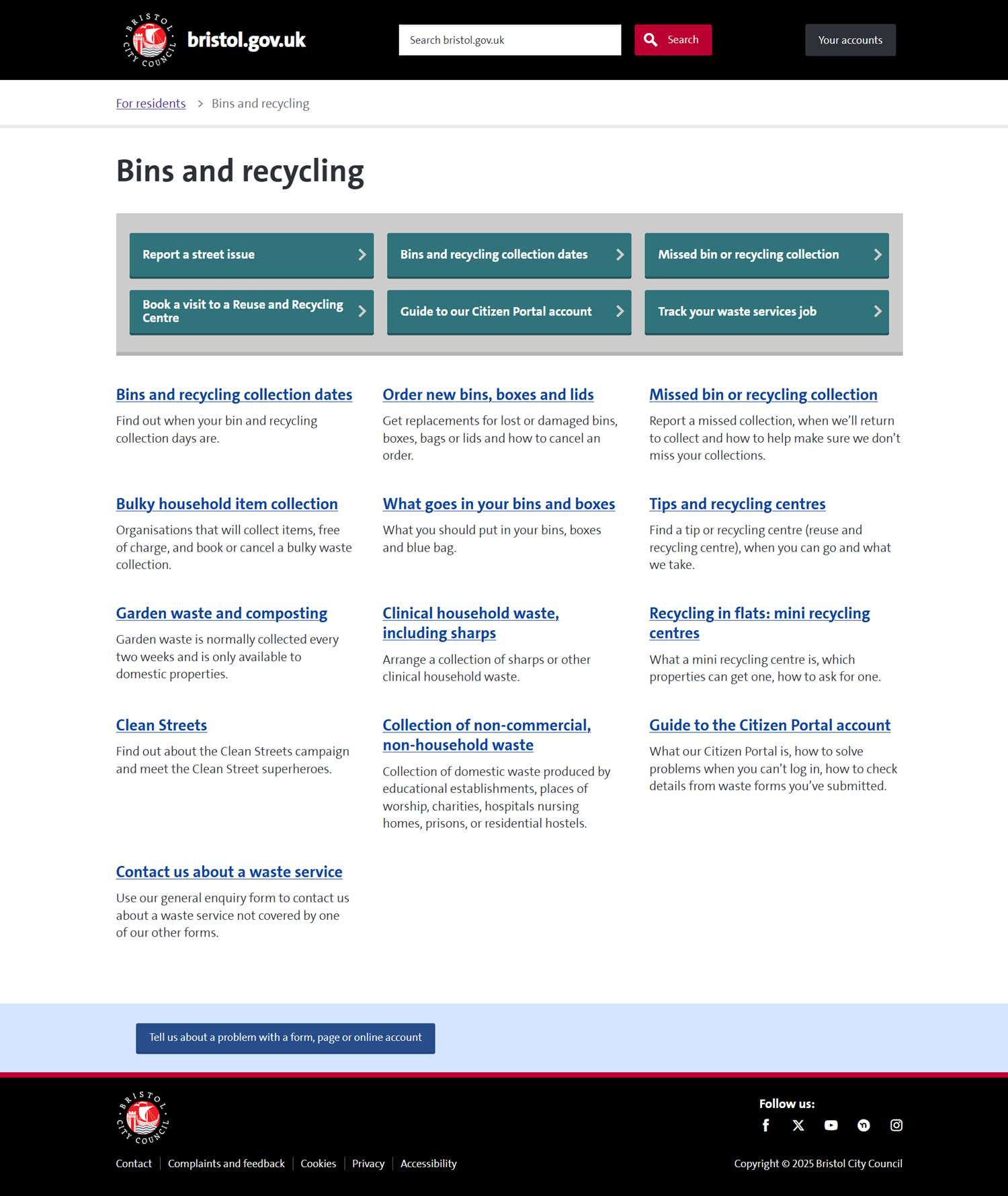 Screenshot of the Bins and recycling webpage.