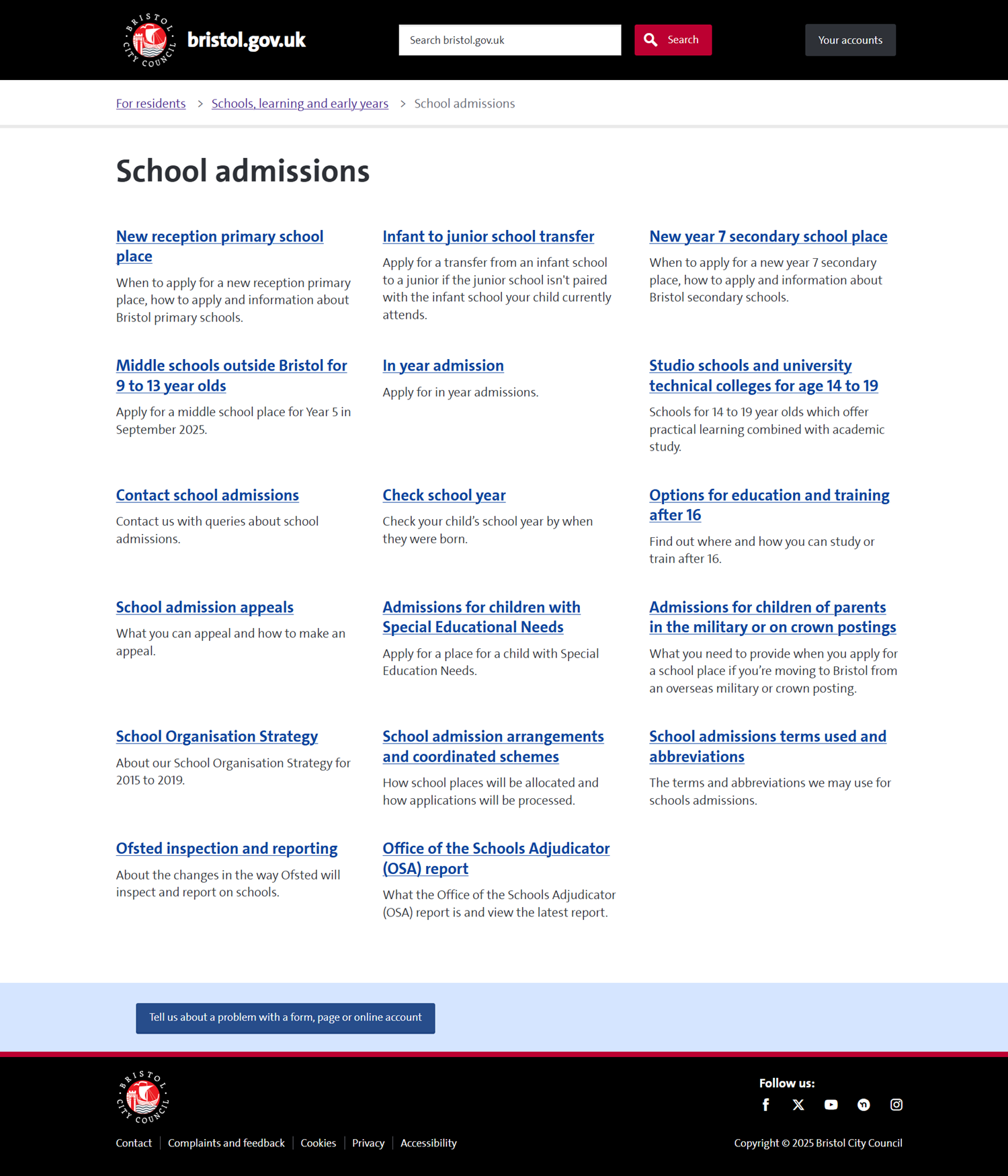 Screenshot of the School admissions webpage.