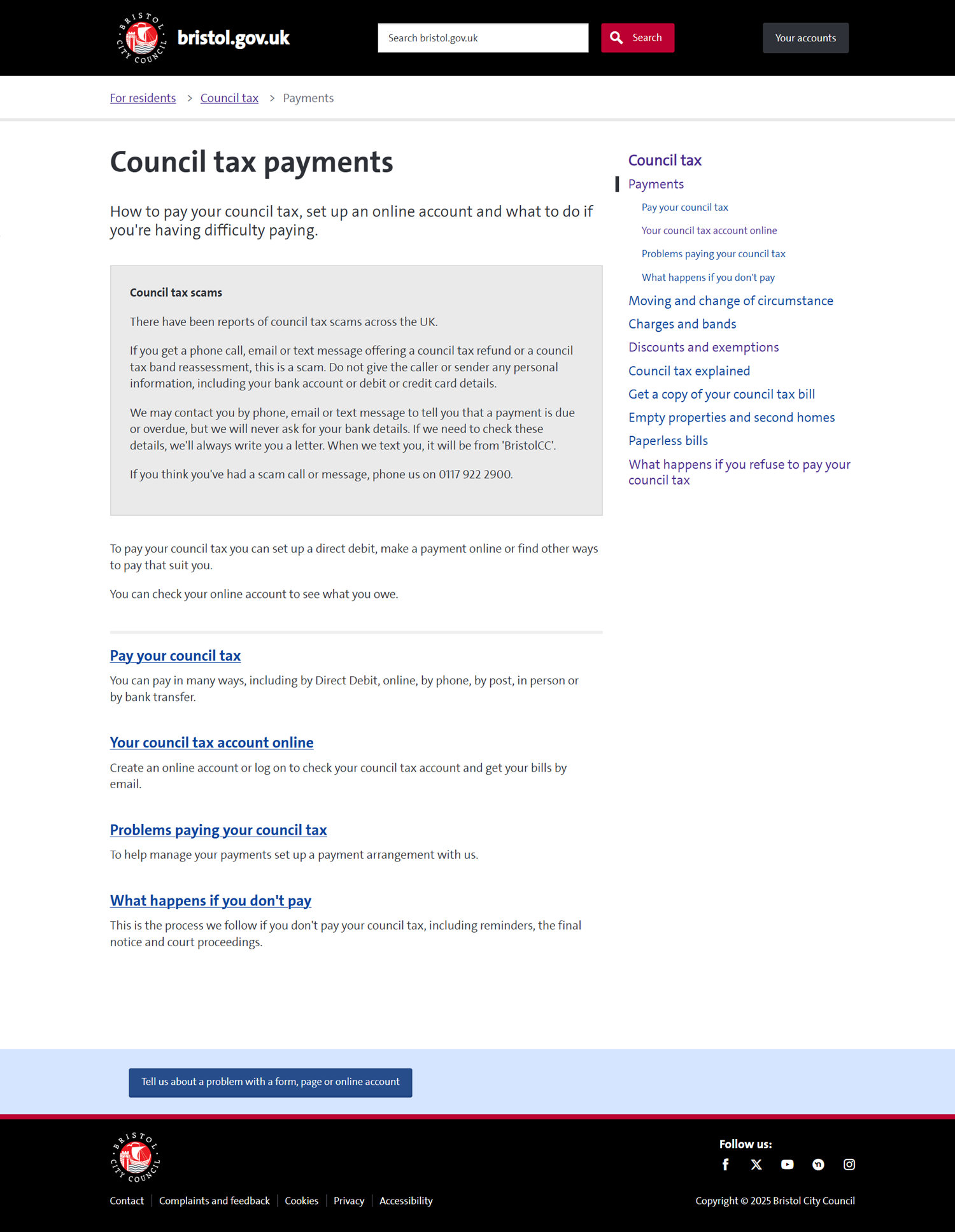 Screenshot of the Council tax payments webpage.
