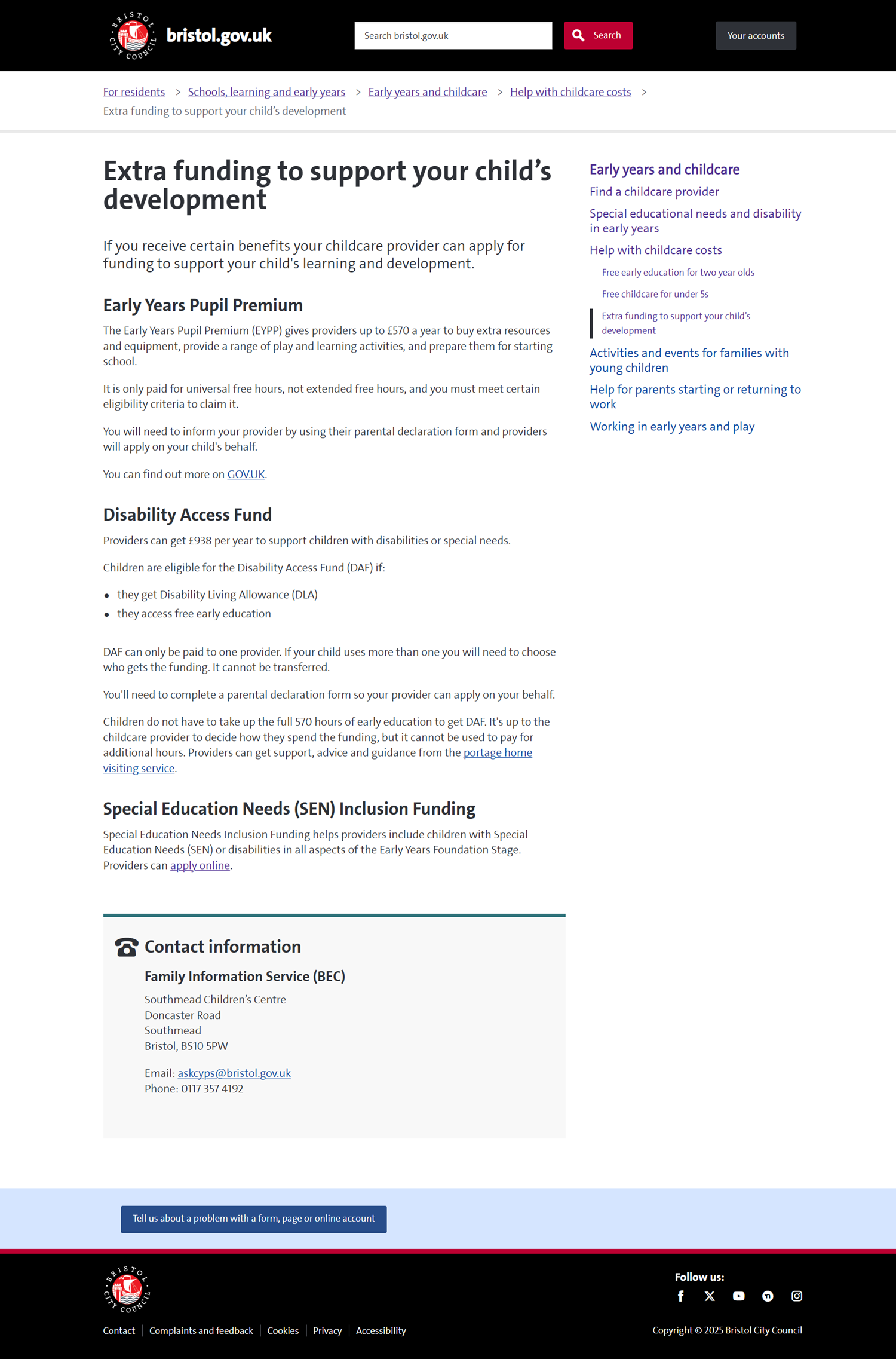 Screenshot of the Extra funding to support your child's development webpage.